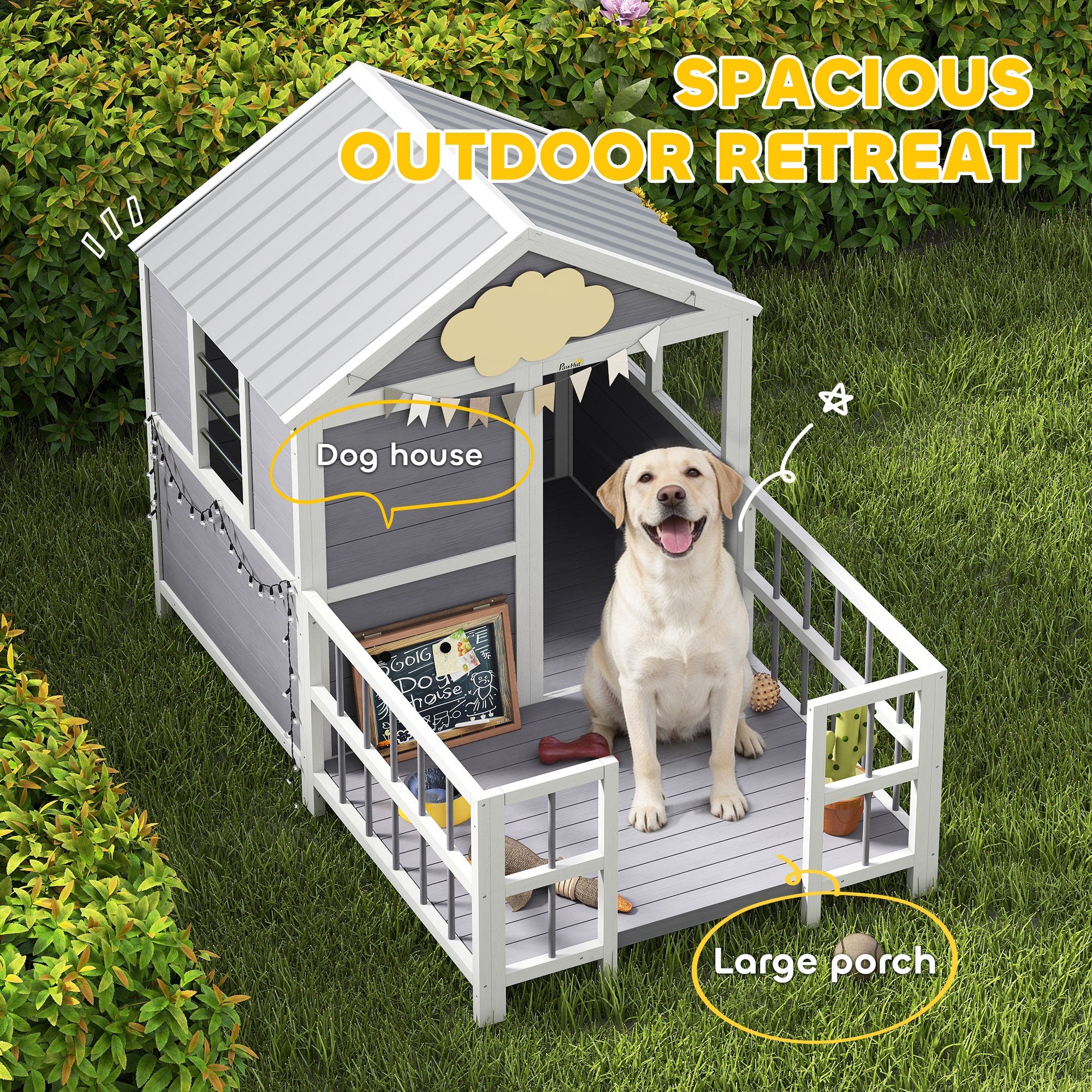 Outdoor Dog House, 61"L Wooden Dog House with Porch, Weatherproof Roof, Elevated Base, Air Vents & Observation Windows - Gray - Image 4