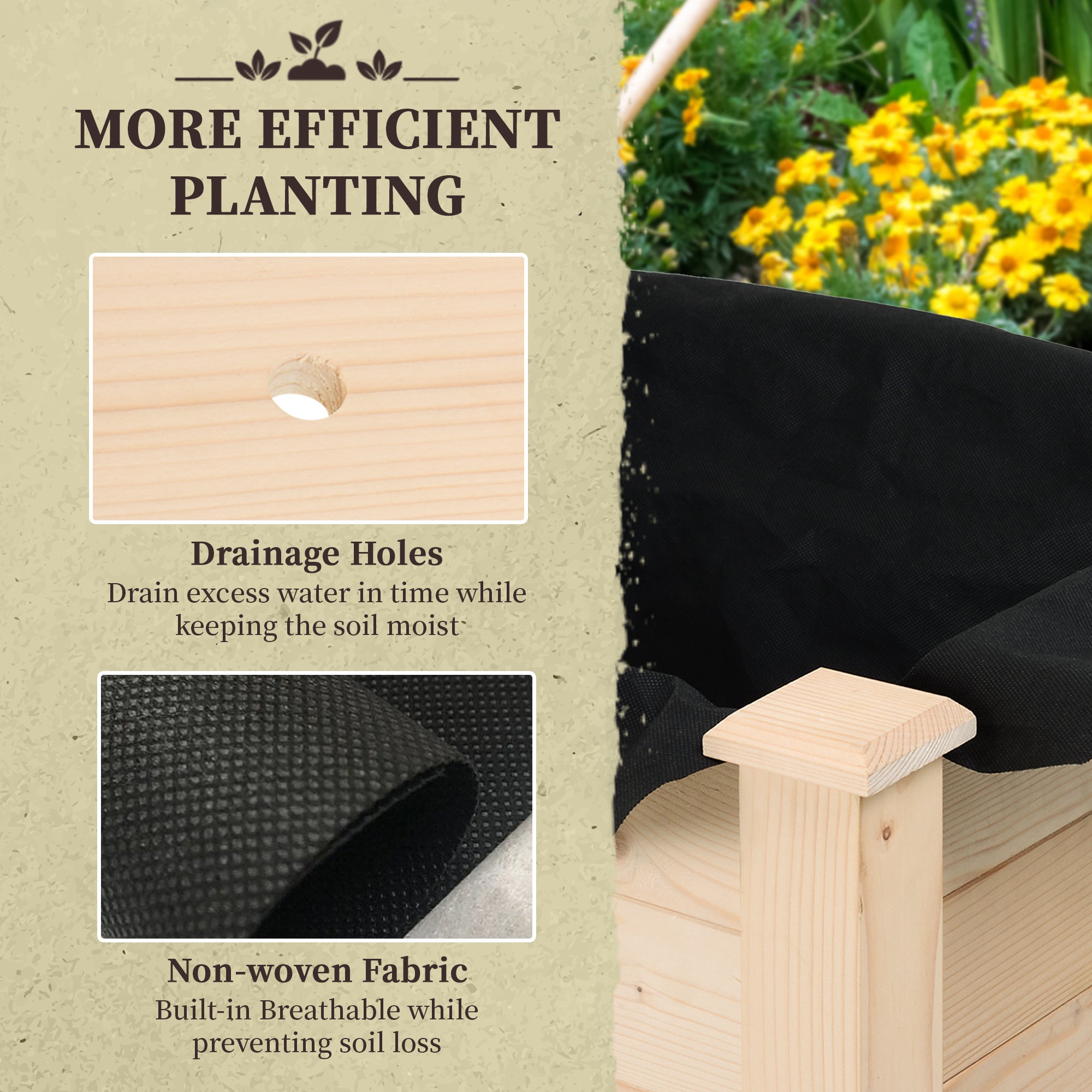 Raised Garden Bed with Legs, 34" x 18" x 30", Elevated Wooden Planter Box, Self-Draining with Bed Liner for Vegetables, Herbs, and Flowers Backyard, Patio, Balcony Use, Natural - Natural Wood - Image 6