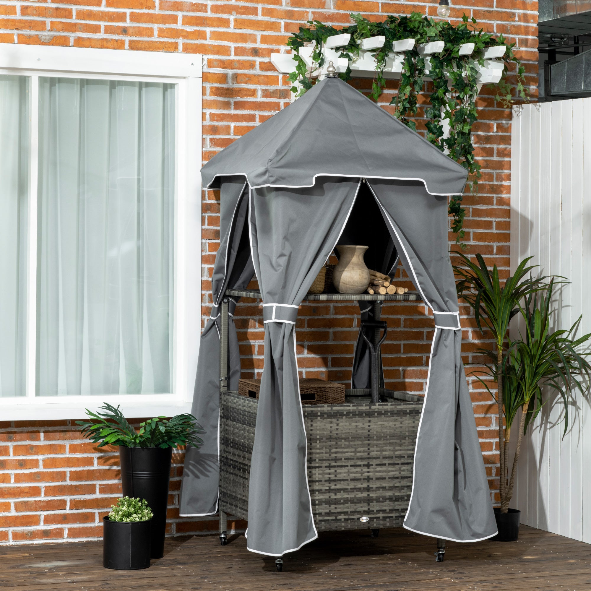Outdoor Towel Valet Caddy, Covered Poolside Towel Holder Rack, Shelf, Basket, Rolling PE Rattan Wicker Storage on Wheels, Gray - Gray - Image 2