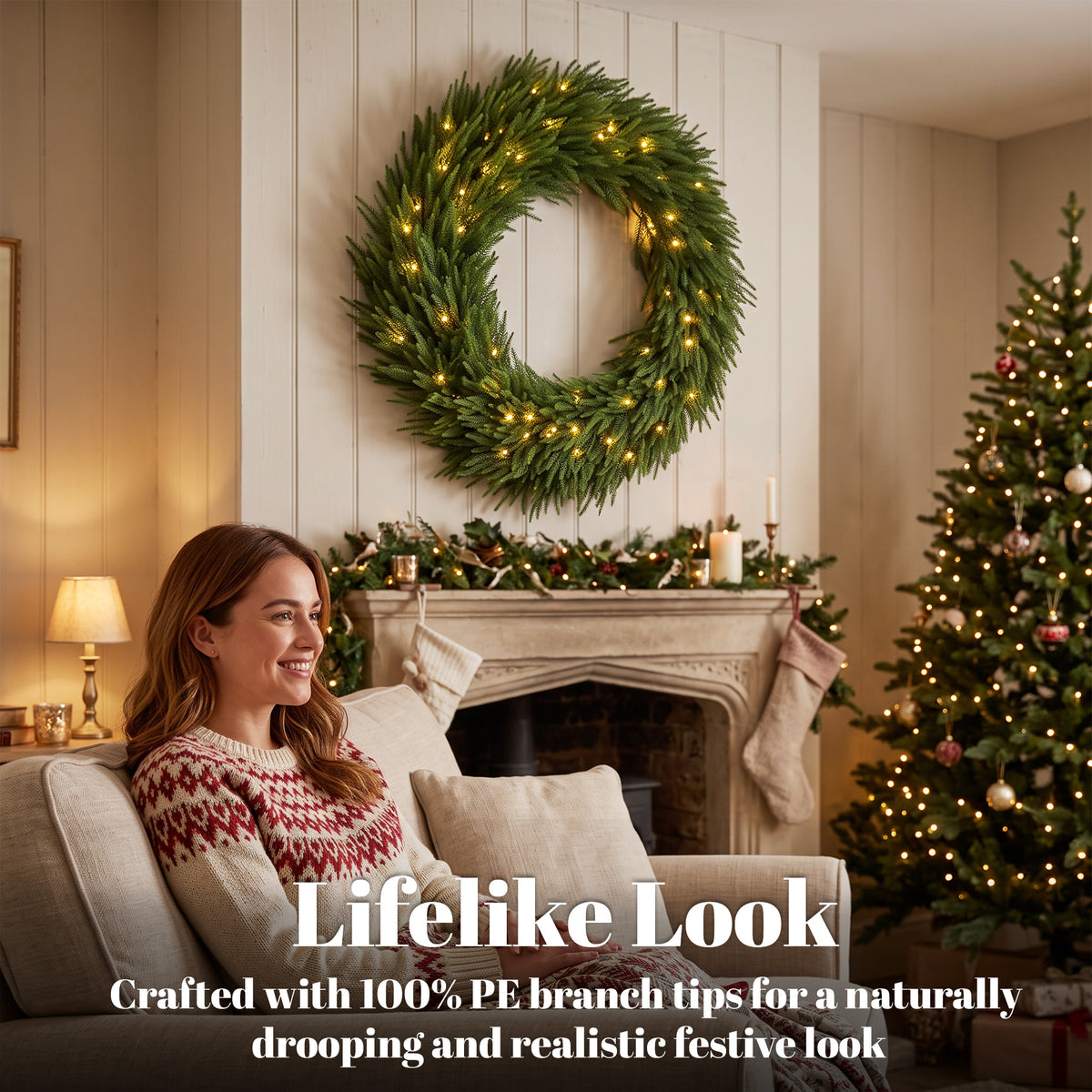 Christmas Decoration, 36 in Pre-Lit Norfolk Pine Artificial Christmas Wreath with 100 LED Lights, Green