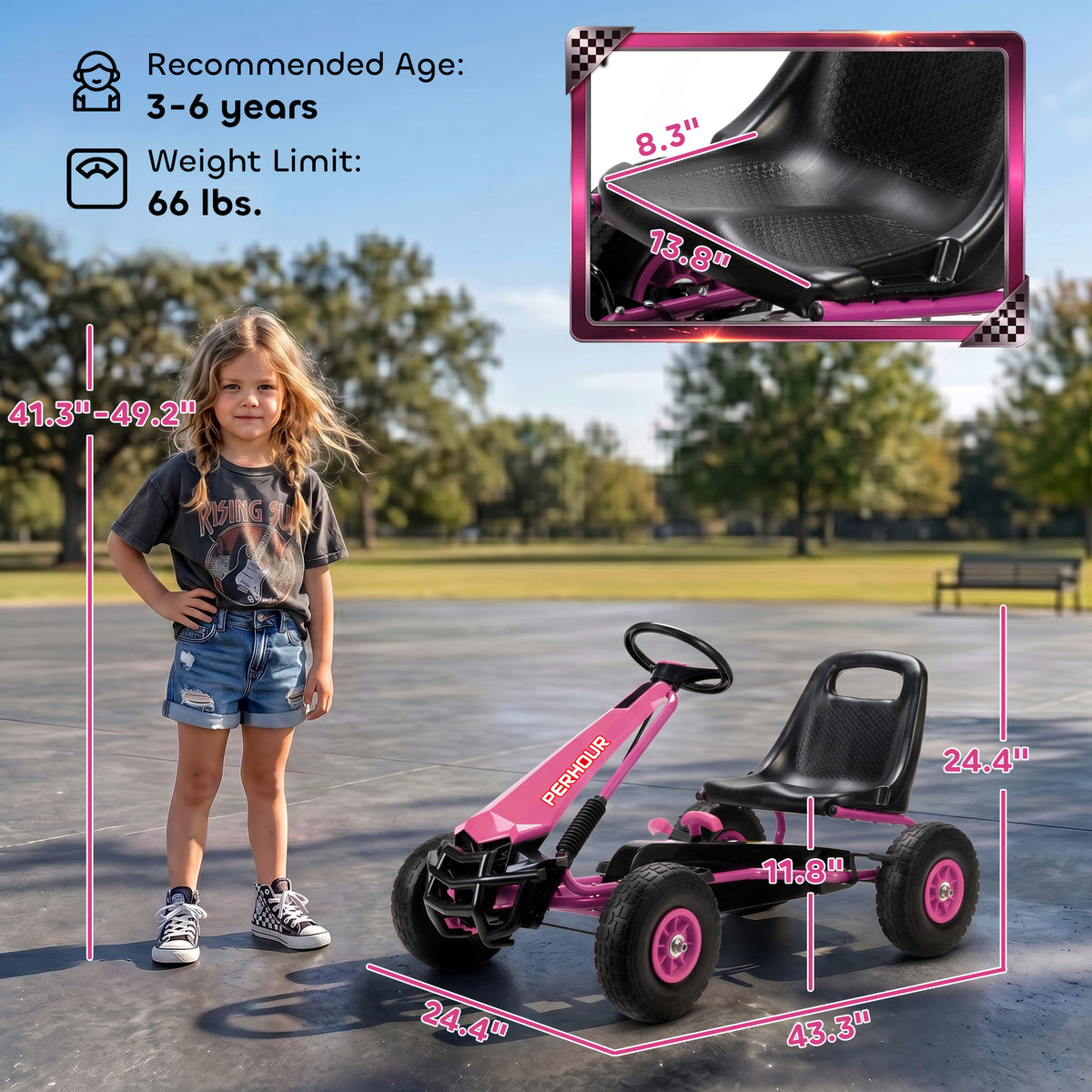 Qaba Kids Go Kart, Pedal Car with Adjustable Seat, EVA Wheels, Brake, for Boys & Girls Aged 3-8 Years Old, Pink