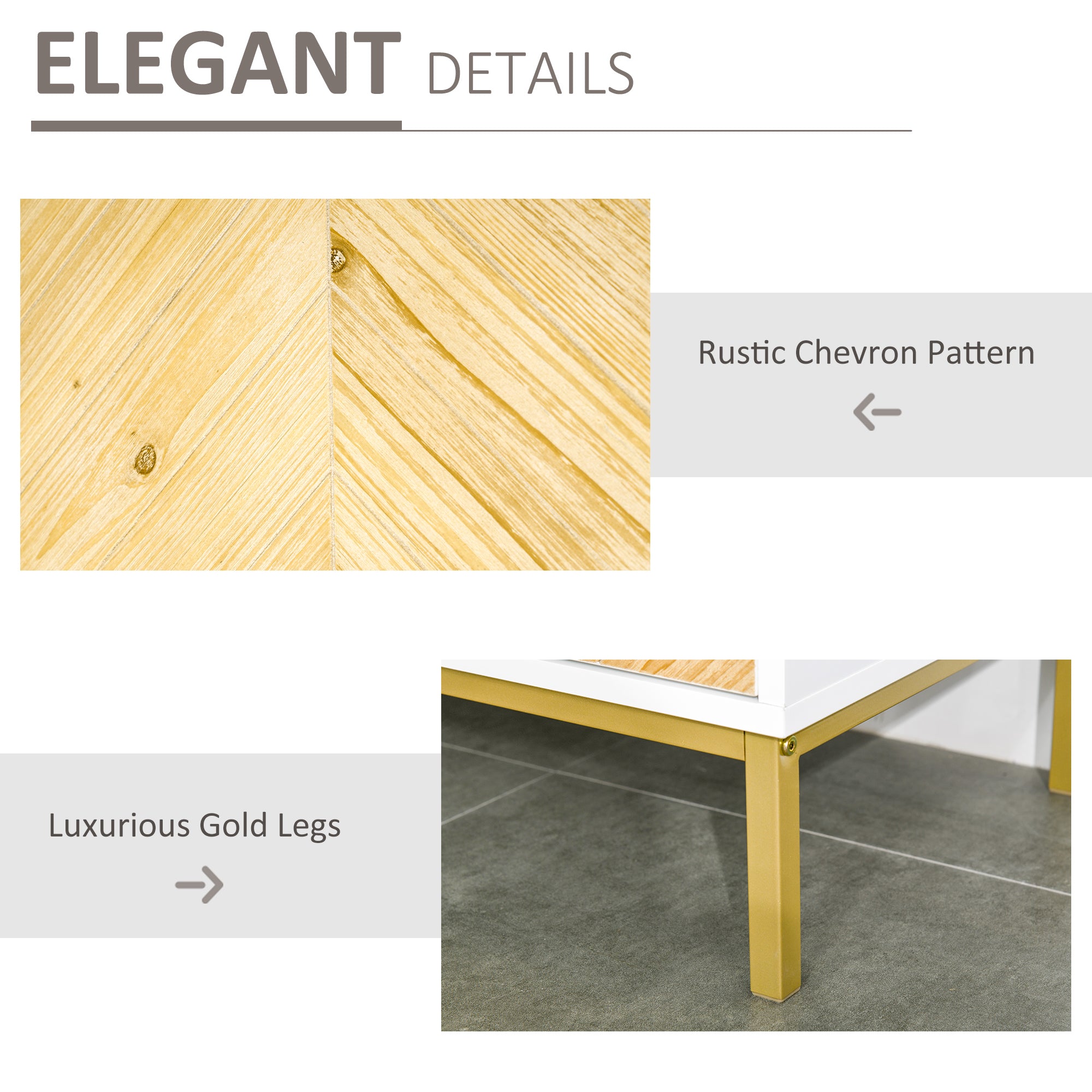3 Door Sideboard Buffet Cabinet, Coffee Bar Cabinet with Chevron Pattern, Adjustable Shelf and Metal Legs, Natural Wood