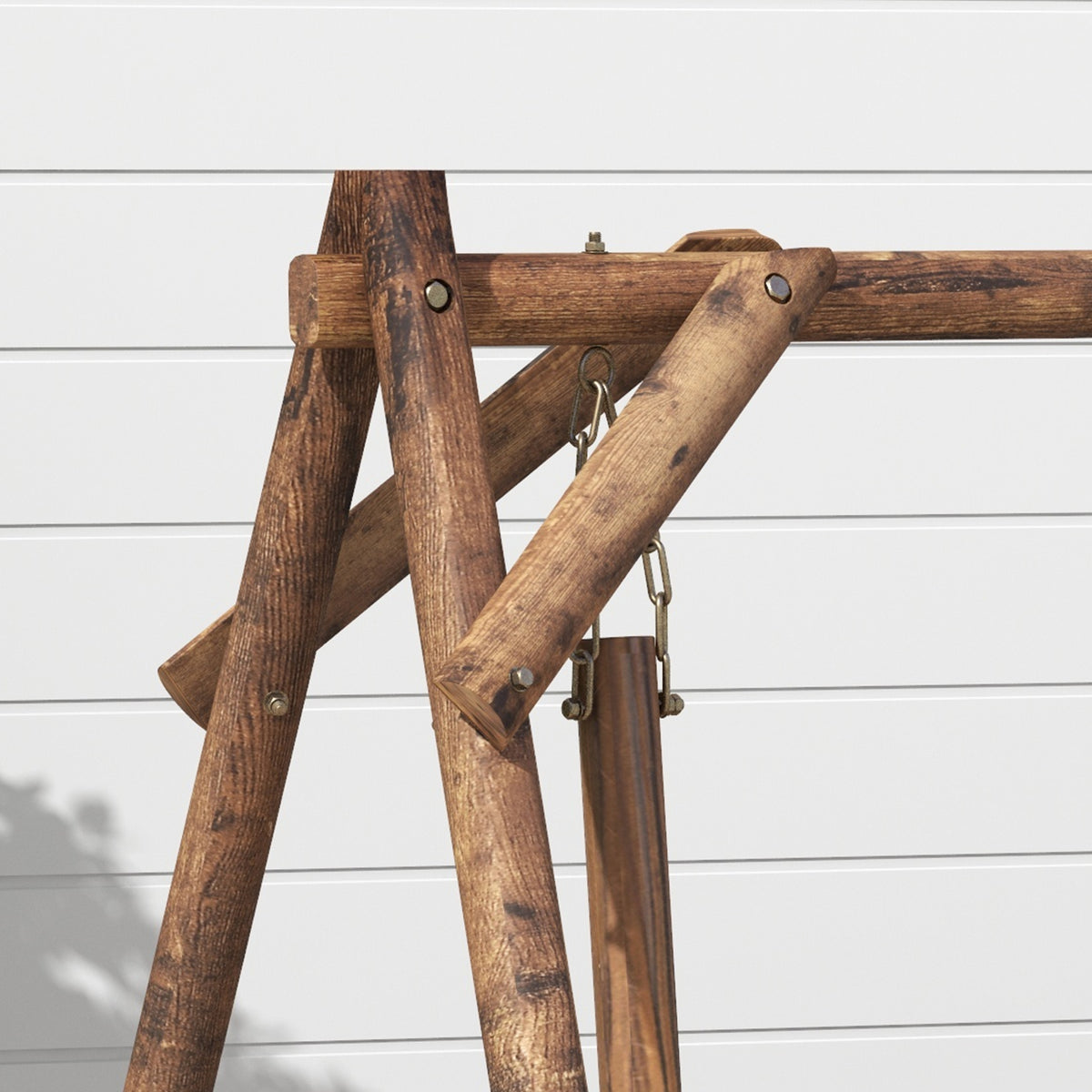 2-Seat Porch Swing with A-Frame Stand, Wooden Log Patio Swing Chair Bench with Wagon Wheel Armrests, Carbonized Brown