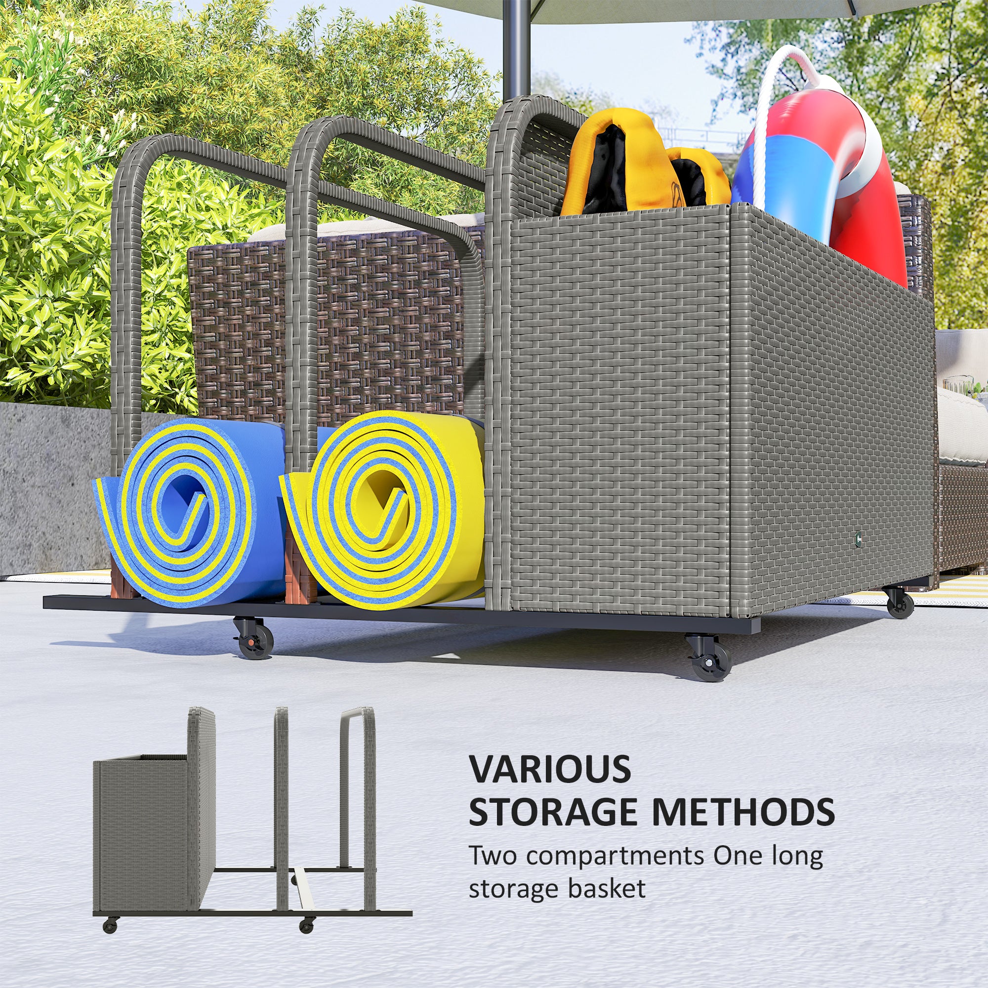 PE Rattan Pool Float Storage Organizer with Wheels, Mixed Gray - Mixed Gray - Image 5