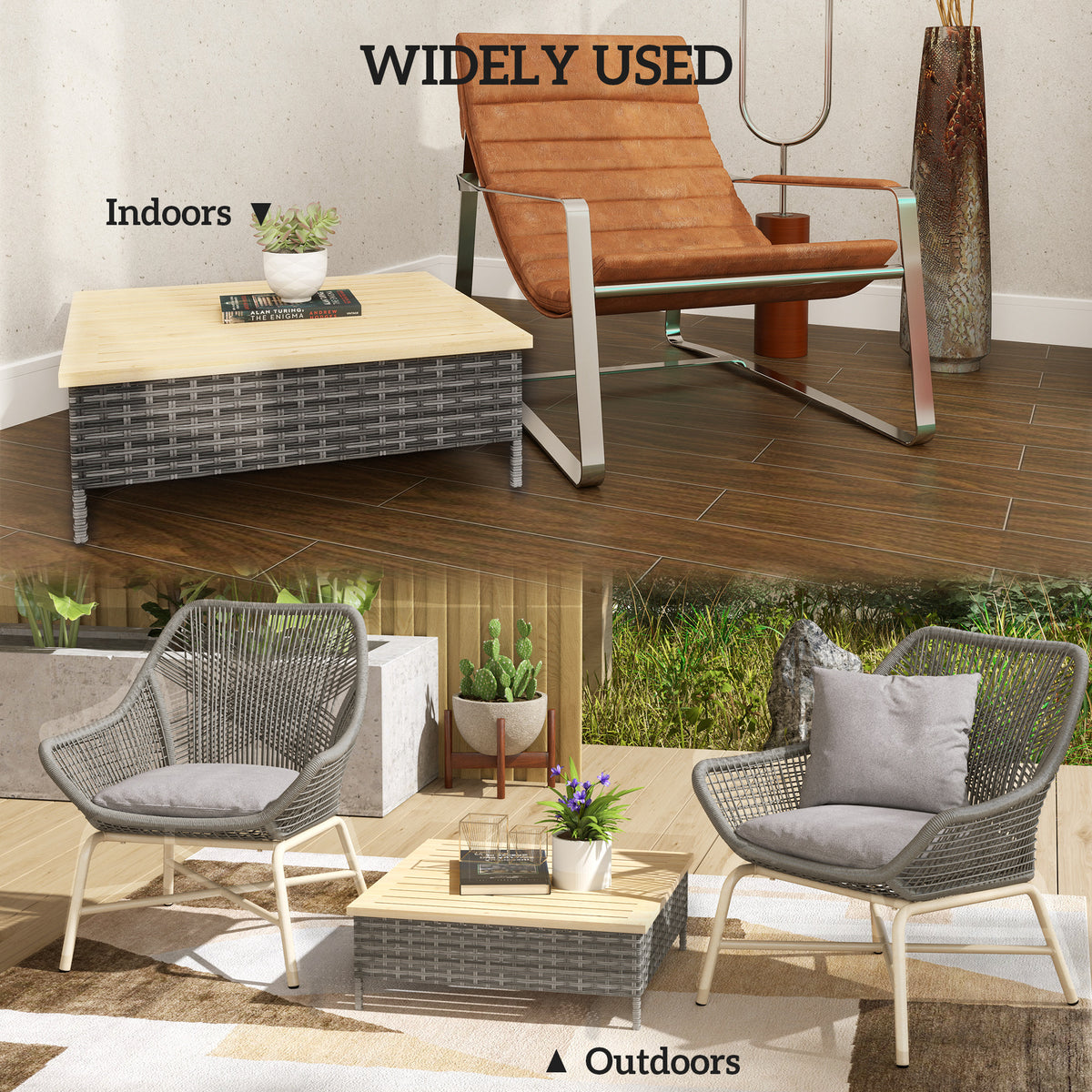 Outdoor Side Table with PE Rattan, Patio End Table with Natural Fir Wood Top, Weather Resistant Accent Table for Patio Pool Porch, Gray