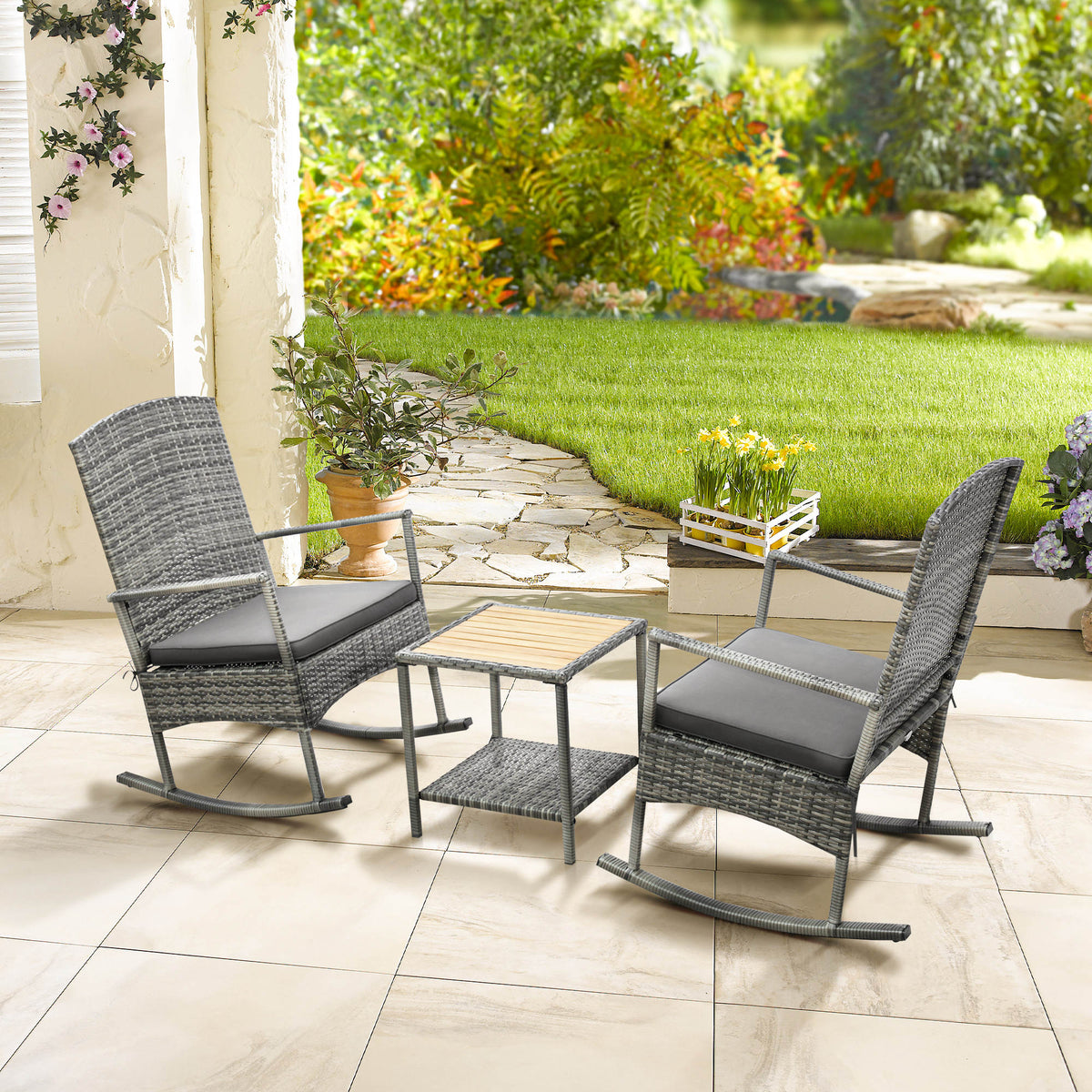 3 Piece Outdoor PE Rattan Rocking Chair Set, Patio Wicker Recliner Rocker Chair with Soft Cushion & Nature Wood Top Coffee Table, Gray