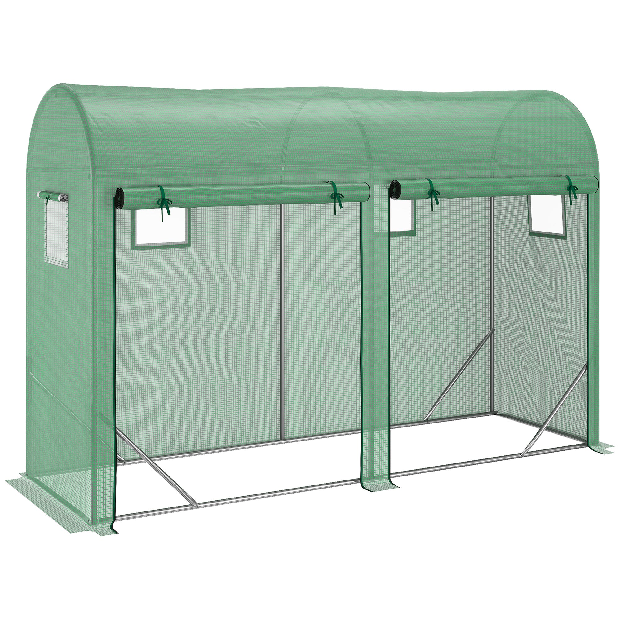 10' x 3' x 7' Walk-in Lean-to Greenhouse, Steel, 4 Zipper Roll-up Windows & 2 Doors, UV Protecting PE Cover for Growing Flowers, Vegetables, Tropical Plants, Saplings, Succulents, Green - Green