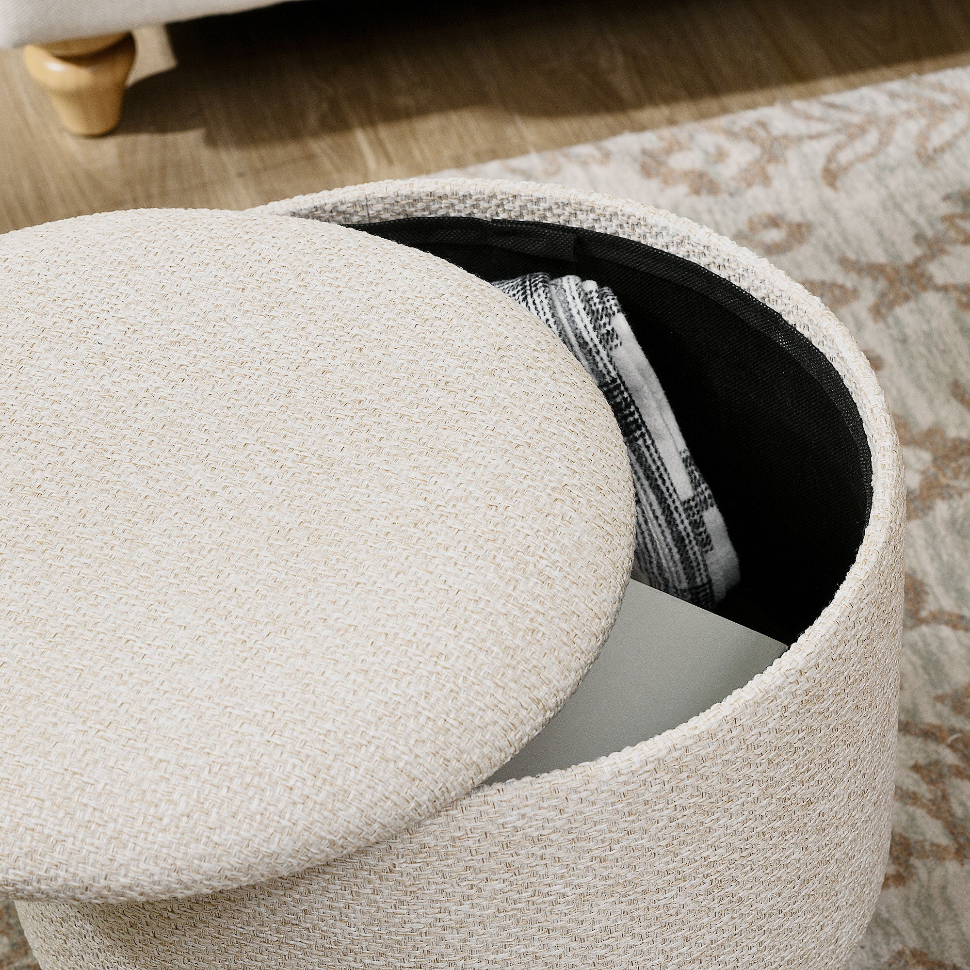Round Ottoman Stool with Storage, Linen Fabric Upholstered Foot Stool with Padded Seat, Hidden Space and Wood Legs