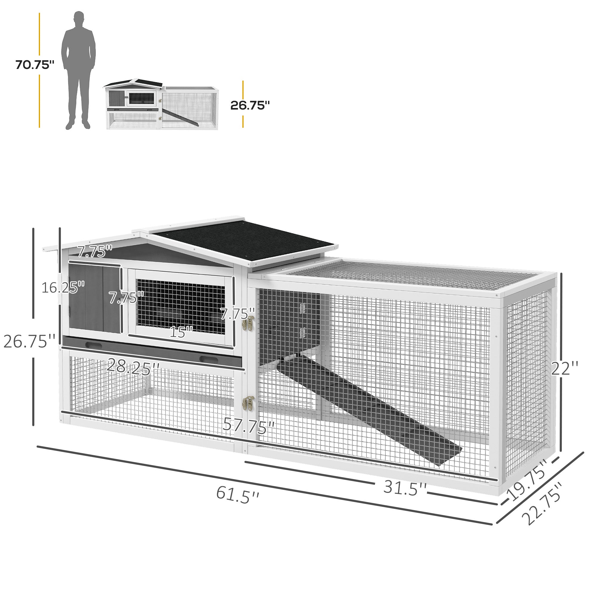 Rabbit Hutch 2-Story Bunny Cage, Guinea Pig Cage Indoor Outdoor, Small Animal House with Slide Out Tray, for Rabbits, Chickens, Ducks, 61.5" x 23" x 27", Light Gray - Light Grey - Image 3