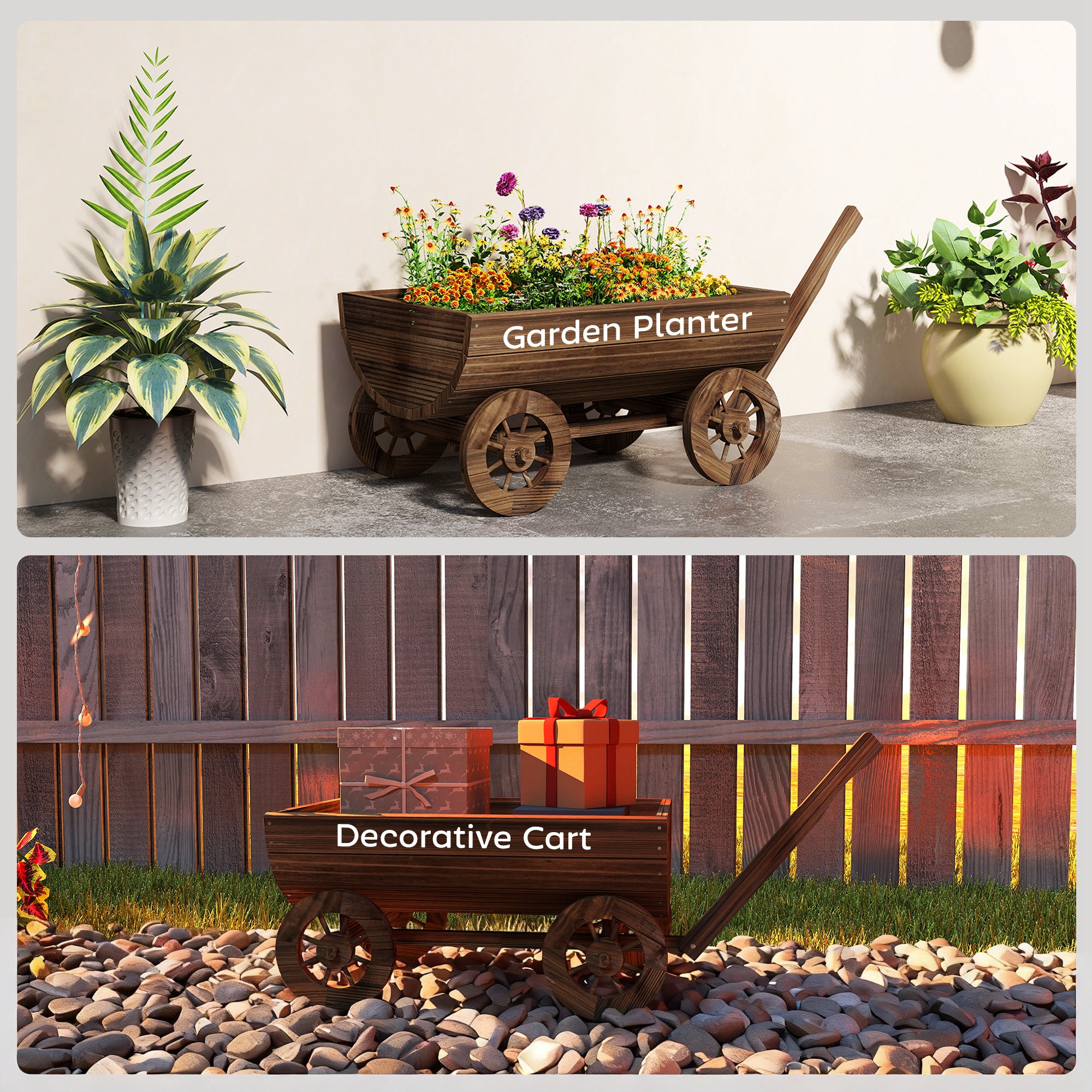 Wooden Wagon Planter Box, Mobile Garden Planter with 4 Wheels, Small Wheelbarrow Wagon Flower Cart with Drainage Hole - Carbonized - Image 8