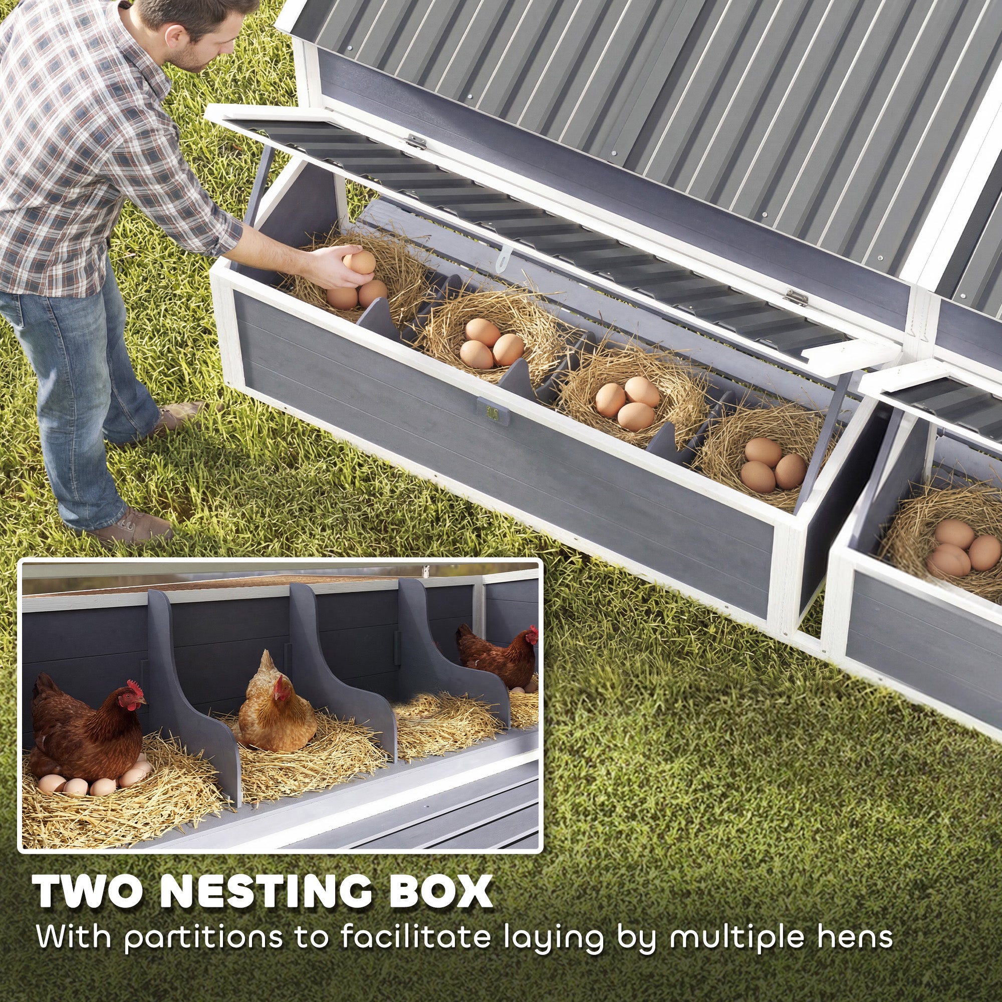 Wooden Chicken Coop, Outdoor Hen House with 2 Feeders, 2 Nesting Boxes, 2 Roosting Bars, Ramps, Waterproof Roof - Gray - Image 7