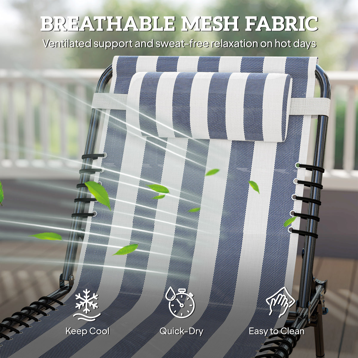 Folding Chaise Lounge Pool Chair with 4-Position Reclining Back, Pillow, Breathable Mesh & Bungee Seat, Blue & White