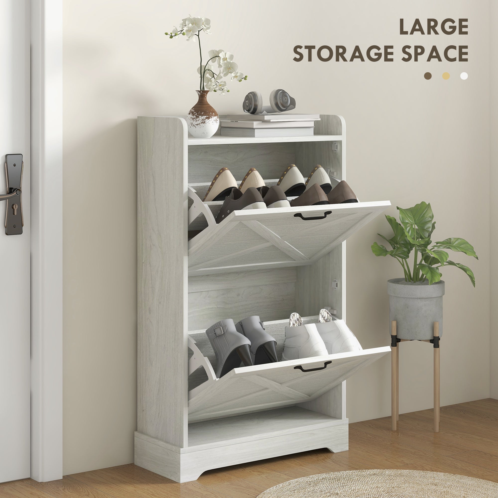 Slim Shoe Storage Cabinet, Farmhouse Shoe Cabinet with 2 Flip Drawers, Adjustable Shelves for 8 Pairs, Distressed White