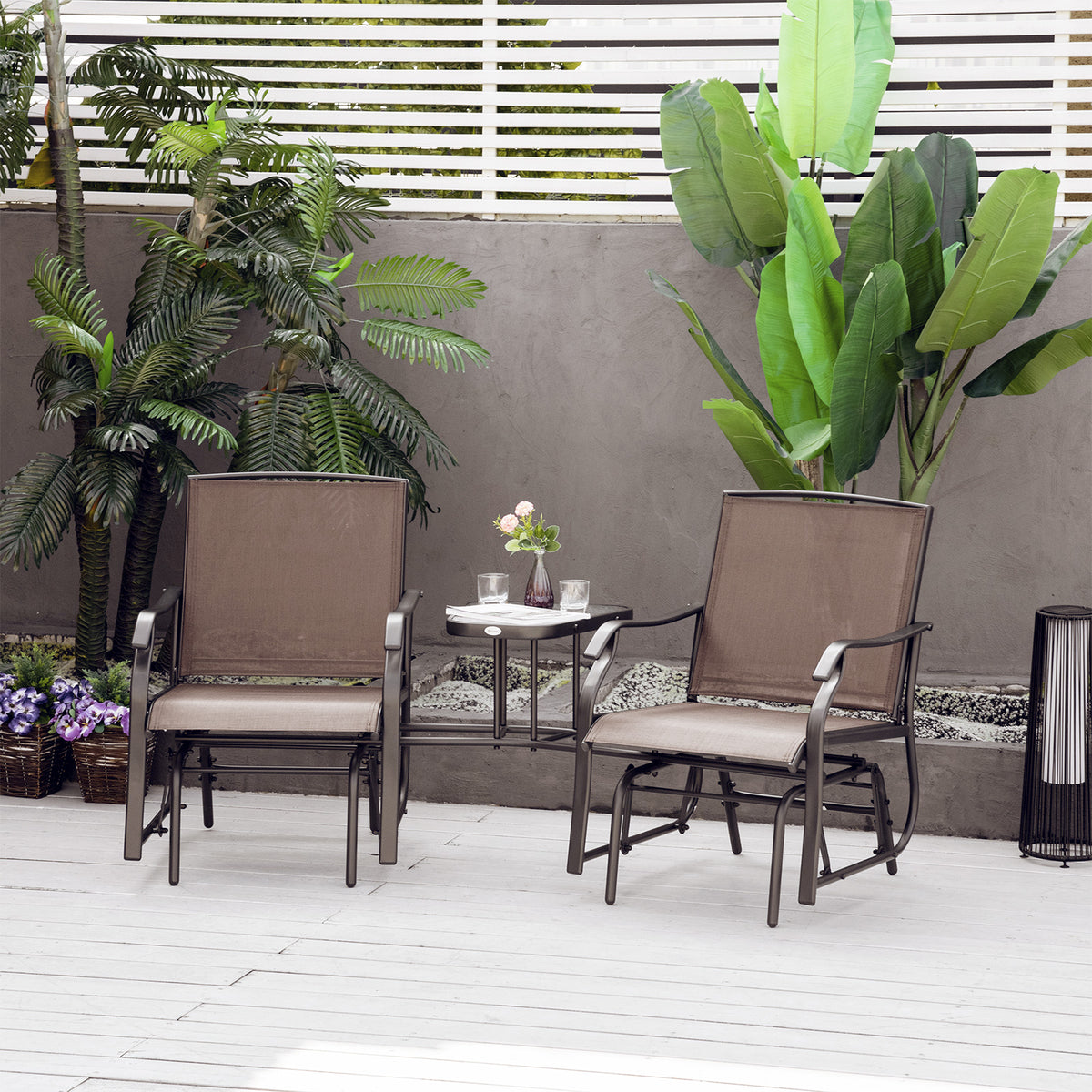 Outdoor Glider Chairs with Coffee Table, Patio 2-Seat Rocking Chair Swing Loveseat with Breathable Sling for Backyard, Garden, and Porch, Coffee Brown