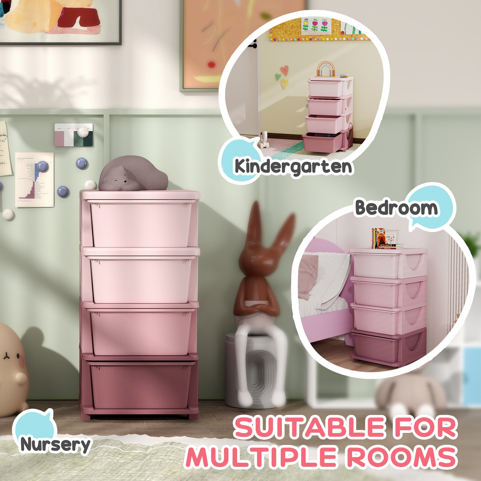 30" 4 Tier Kids Storage Unit Dresser Tower w/ 4 Drawers, Pink