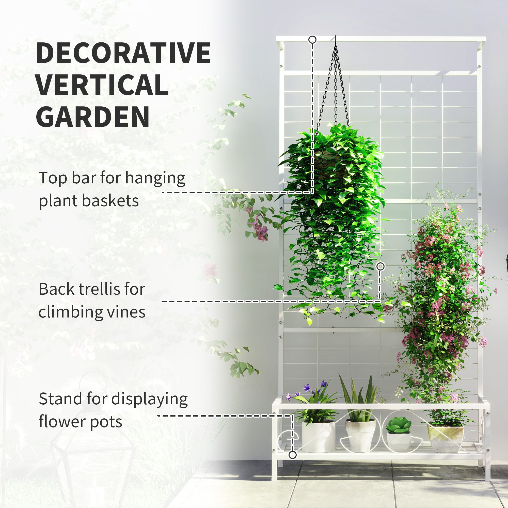 Metal Tall Plant Stand with Trellis and Hanging Bar, Plant Holder for Indoor Outdoor Use, 35" x 12.8" x 74", White - White - Image 4