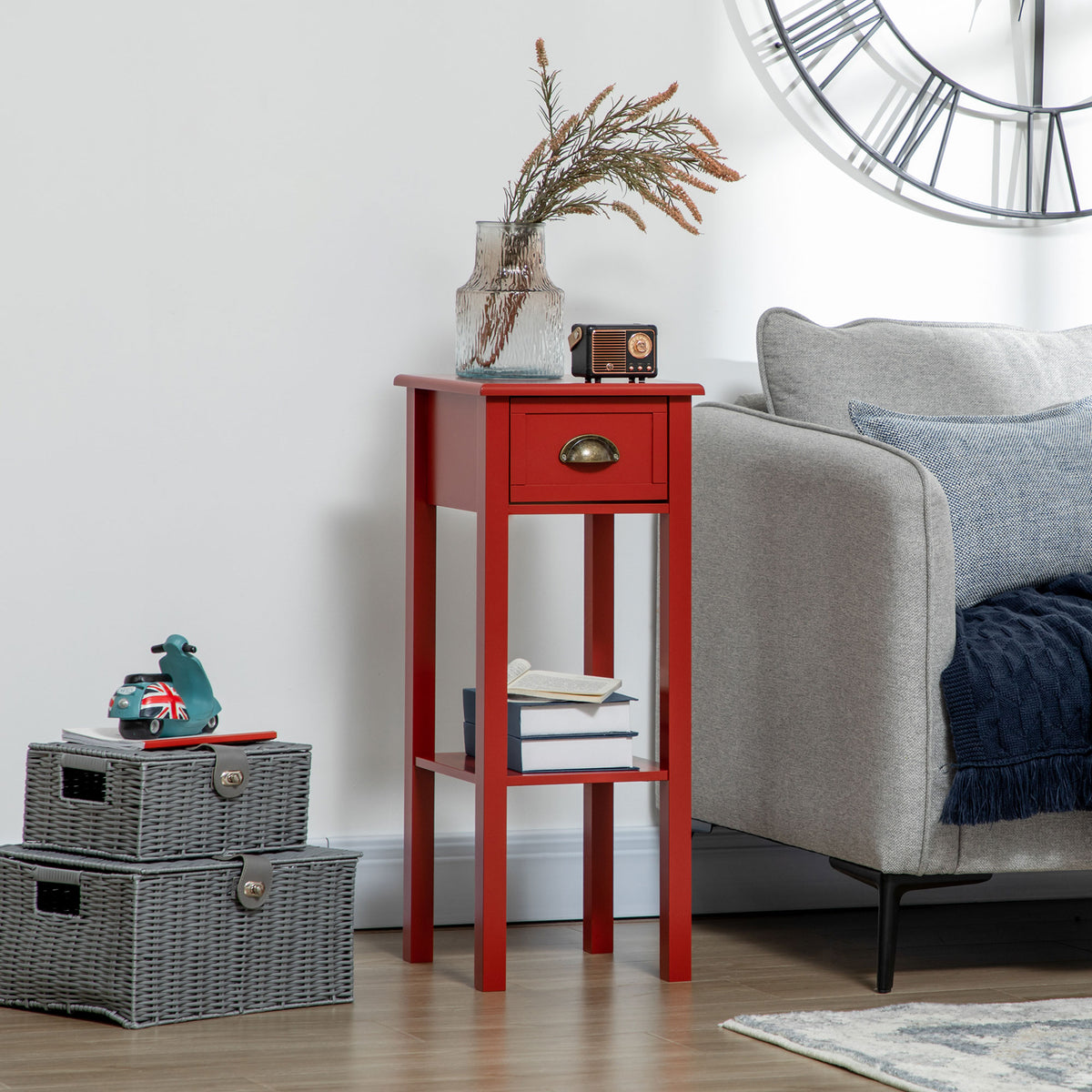 2-Tier Nightstand, Side Table with Drawer and Shelf for Living Room or Bedroom, Set of 2, Red