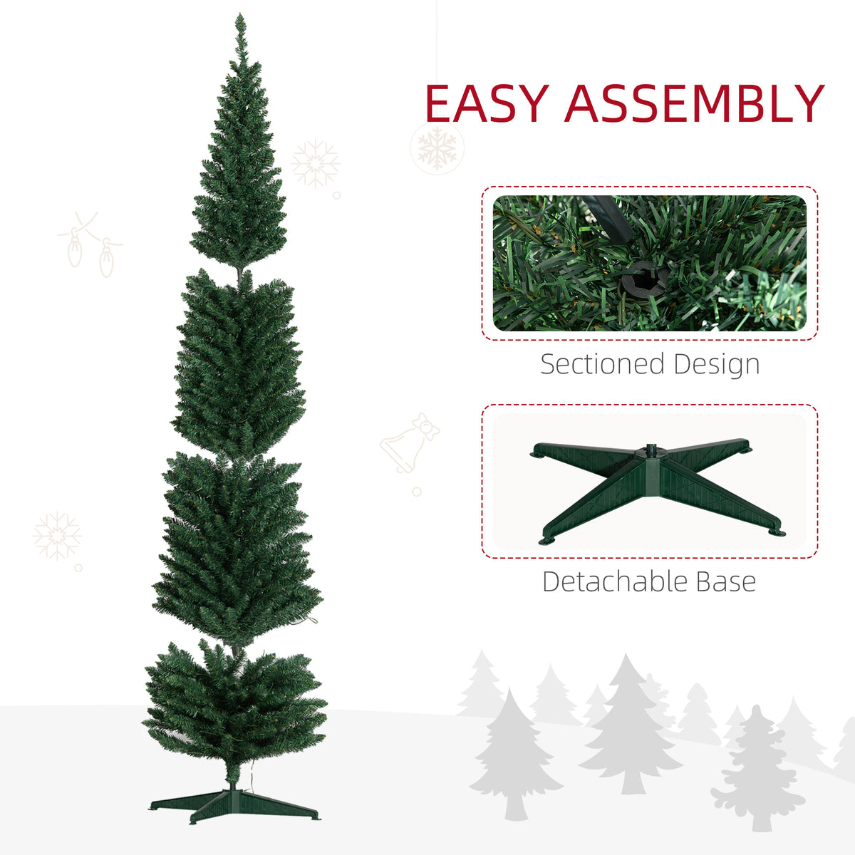8ft Pencil Christmas Tree, Slim Artificial Christmas Tree with Realistic Branches and Warm White LED Lights, Green