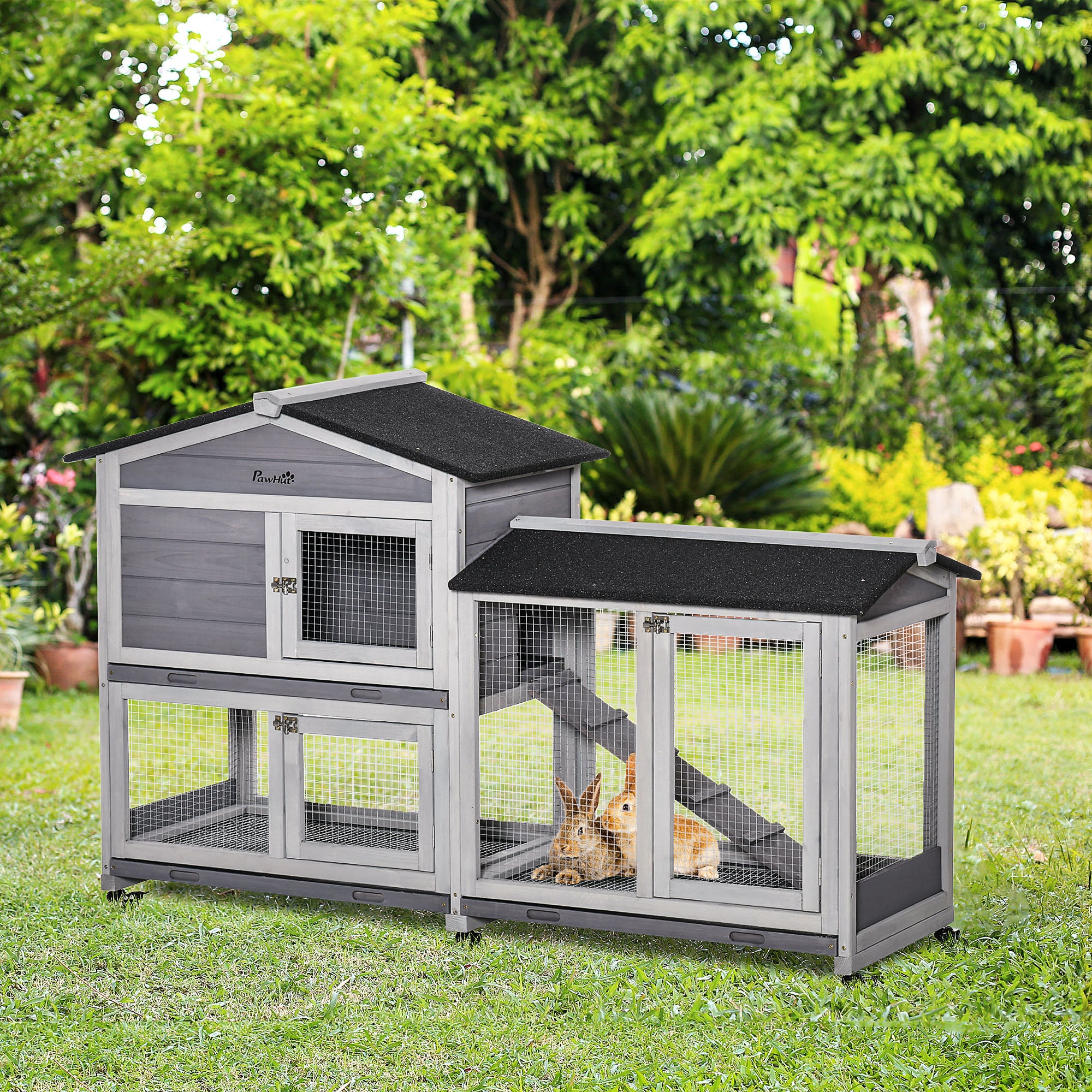 62" Wooden Mobile Rabbit Hutch with Wheels, Run Box, Slide-out Tray, Ramp - Light Grey - Image 2
