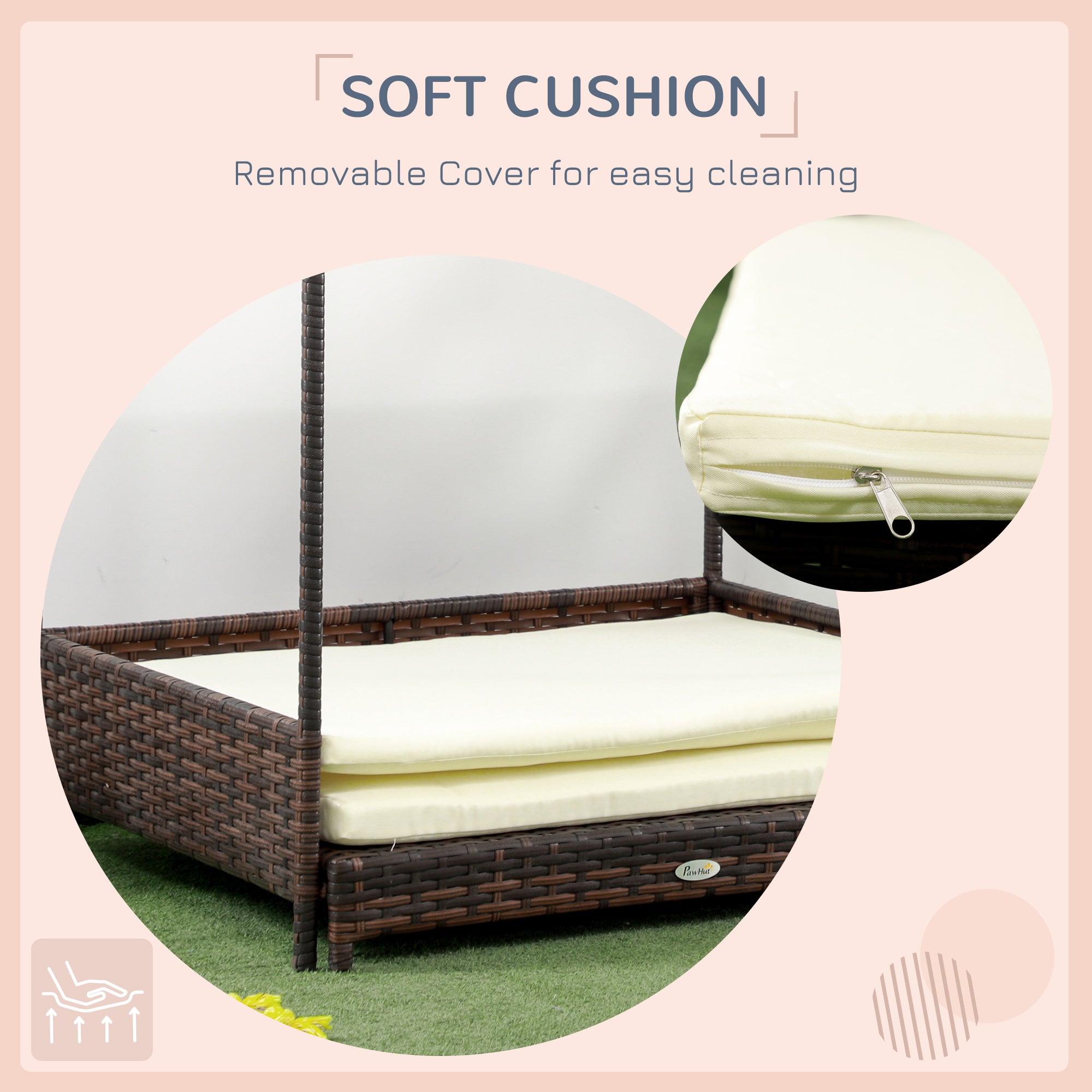 Outdoor Dog Bed, Extendable Wicker Dog Bed with Roof, Soft Cushion for Small and Medium Dogs, Mixed-Brown - Mixed-brown - Image 8