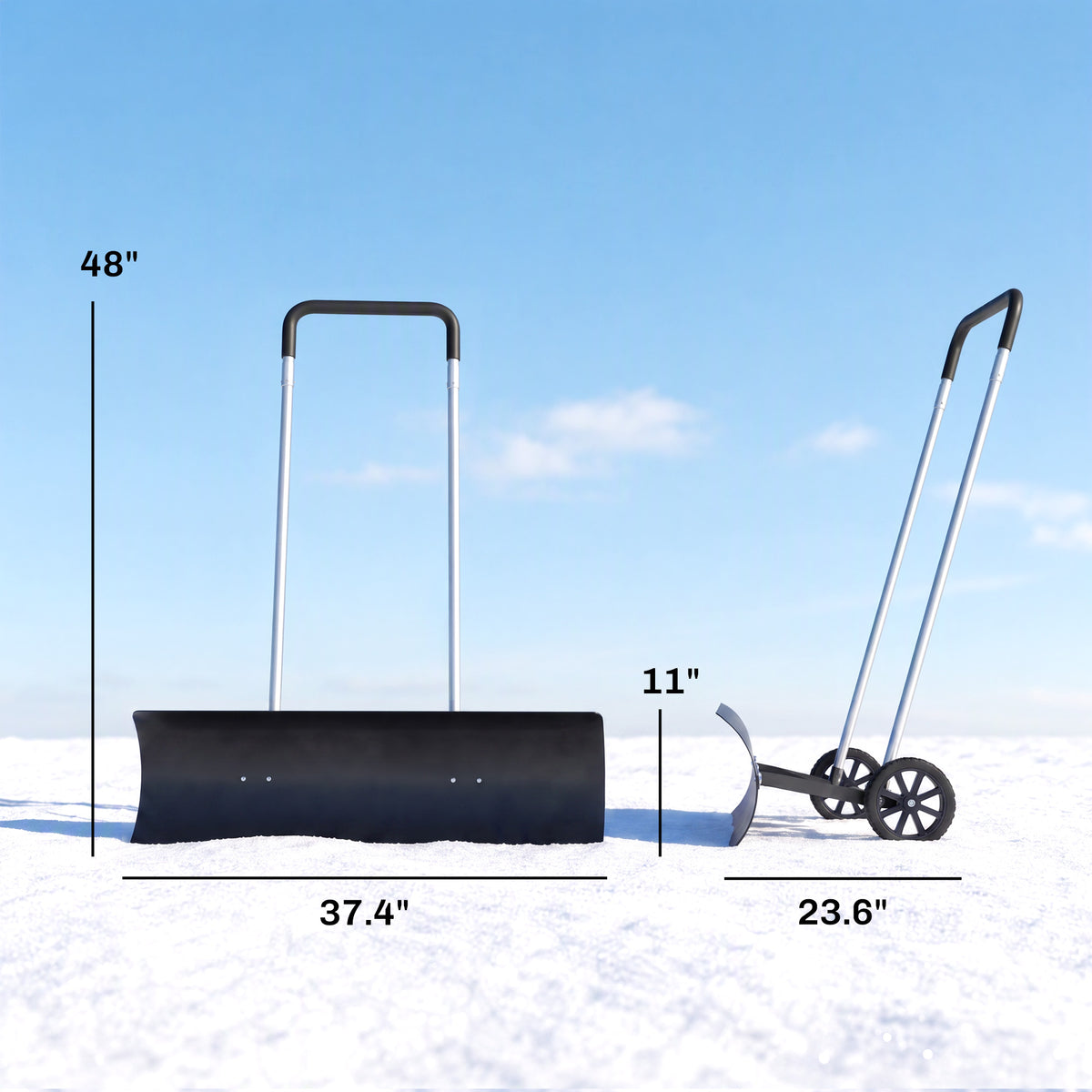 37-Inch Extra Wide Snow Shovel with Wheels, Heavy Duty Aluminum Snow Pusher with Ergonomic Adjustable Handle, Black