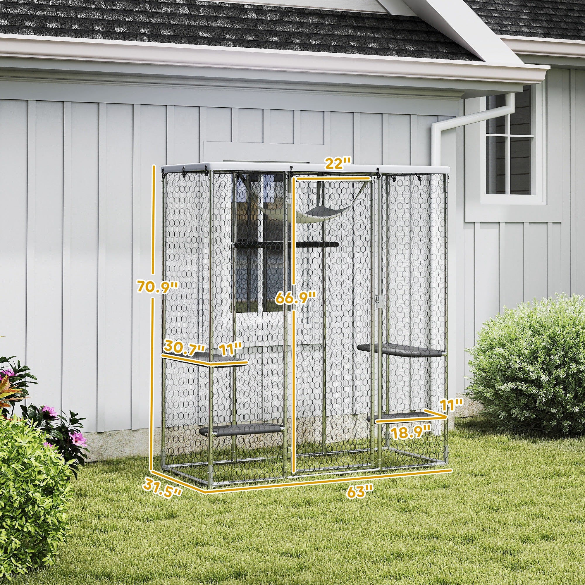 Catio Outdoor Cat Enclosure, Galvanized Steel Walk-in Cat Cage with Waterproof Cover, 5 Adjustable Platforms, Hammock - Silver - Image 3