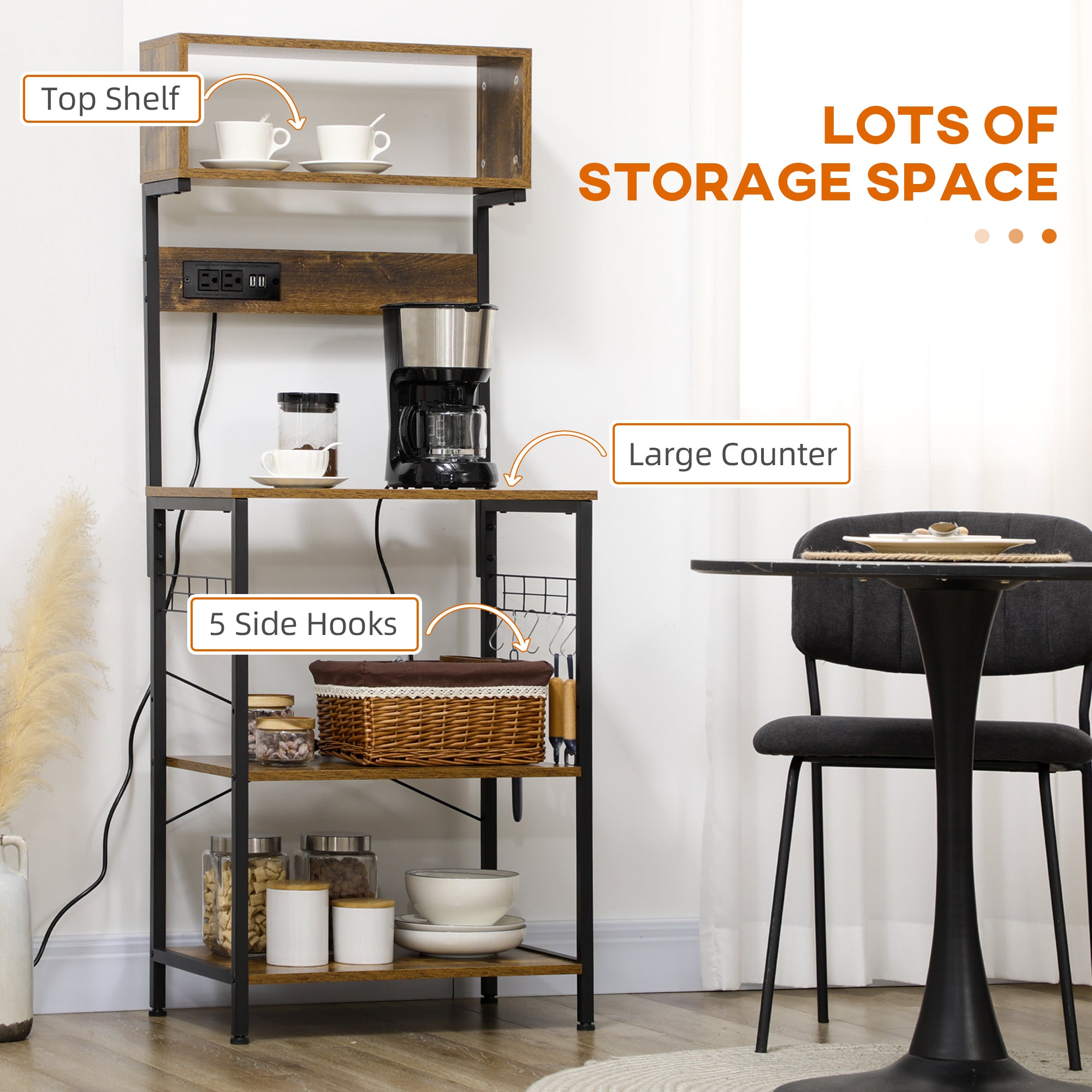 Kitchen Bakers Rack with Power Outlet, USB Charger, Microwave Stand, Coffee Bar with Adjustable Shelves, 5 Hooks for Spices, Pots and Pans, Rustic Brown