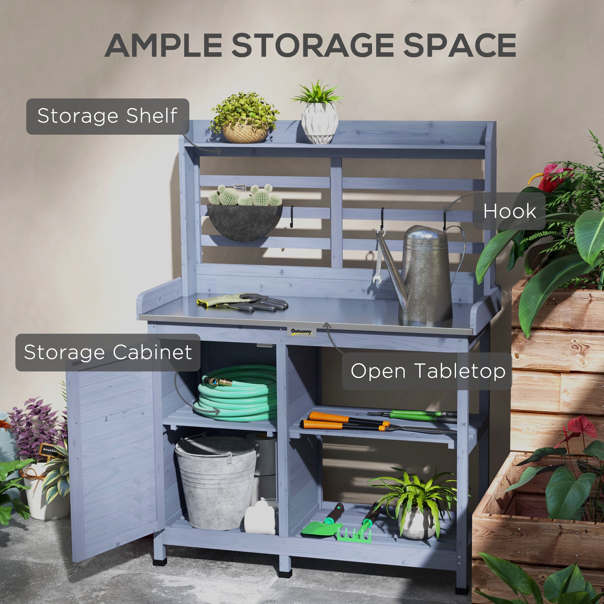 Wooden Potting Bench with Storage, Aluminum Tabletop for Backyard, Patio, Balcony, Gray - Gray - Image 5