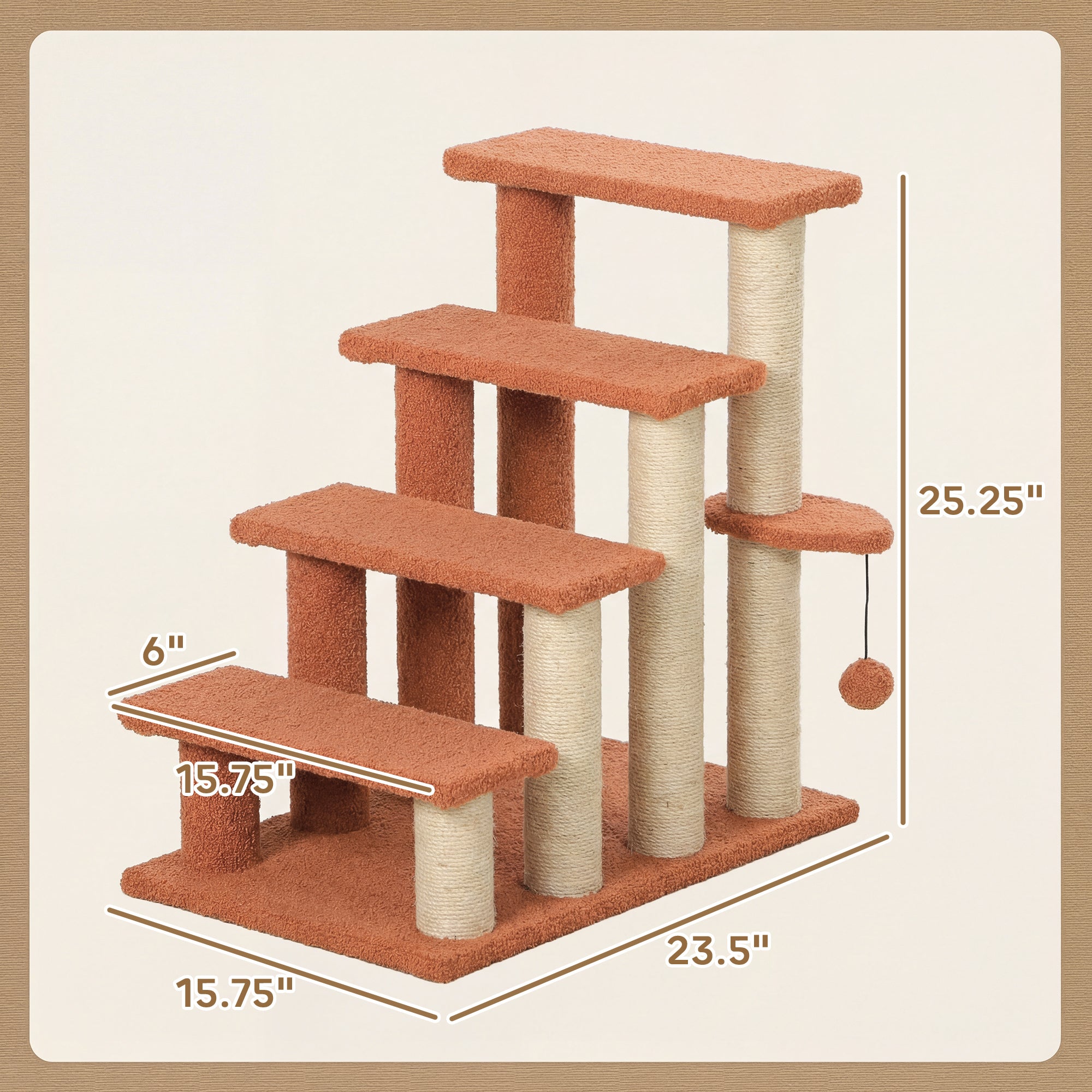4 Levels Cat Steps with Scratching Posts for High Bed, Sofa, Brown - Brown - Image 3