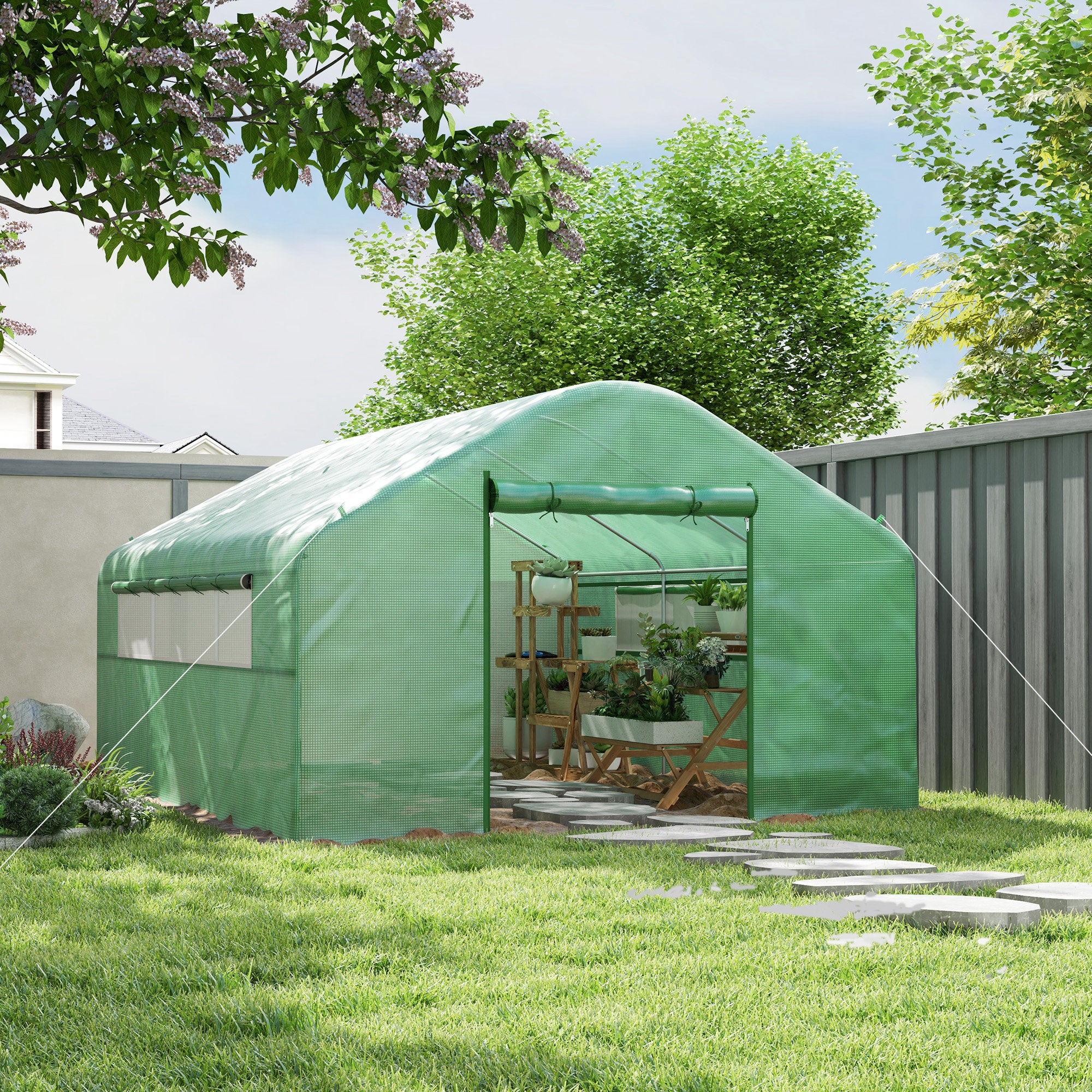 13' x 10' x 6.5' Tunnel Greenhouse Hoop House with Upgraded Galvanized Steel Frame and Large Windows, Green - Green - Image 2