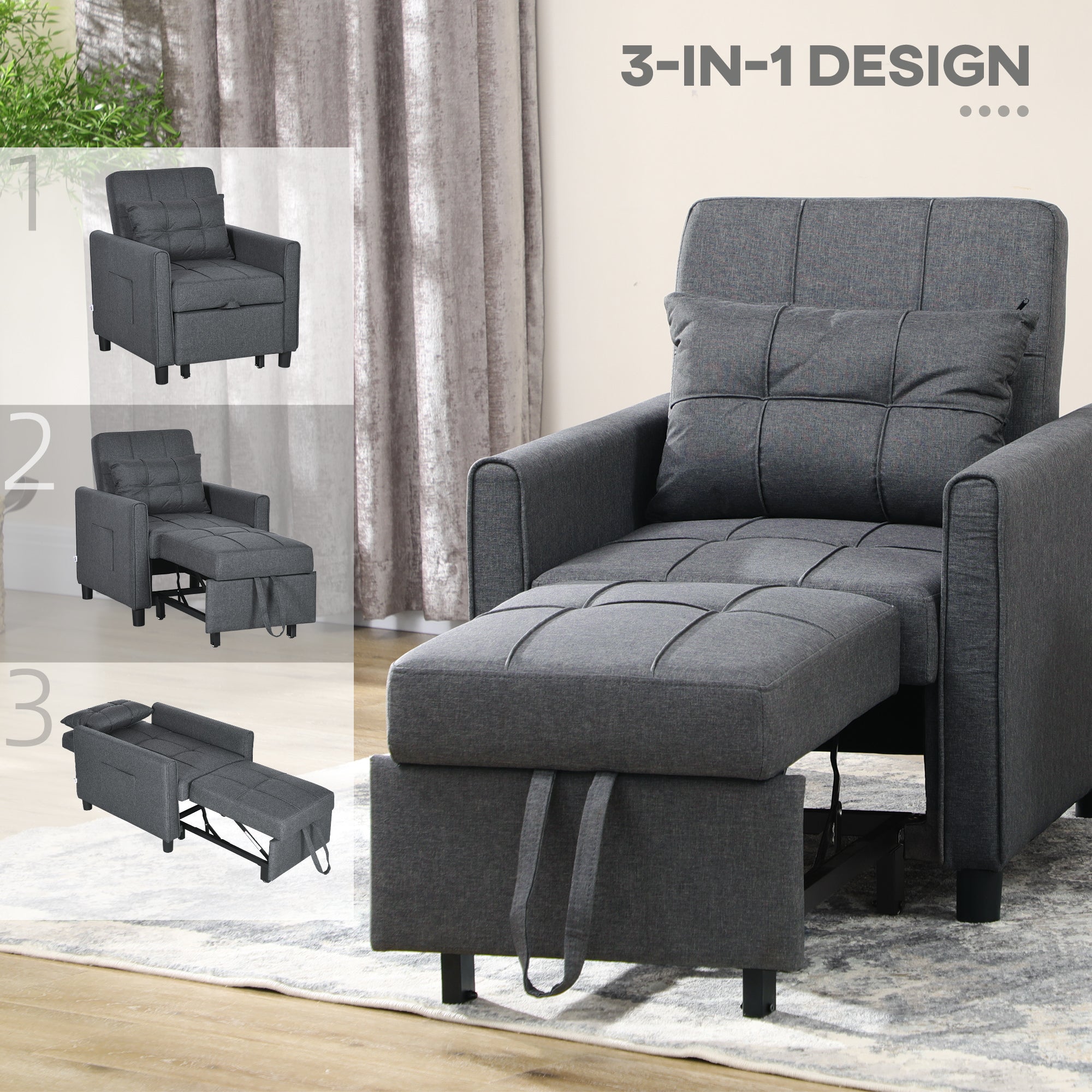 3-in-1 Convertible Chair Bed, Multi-Functional Single Sofa Bed, Pull Out Sleeper Chair with Adjustable Backrest, Pillow, and Pockets, Gray