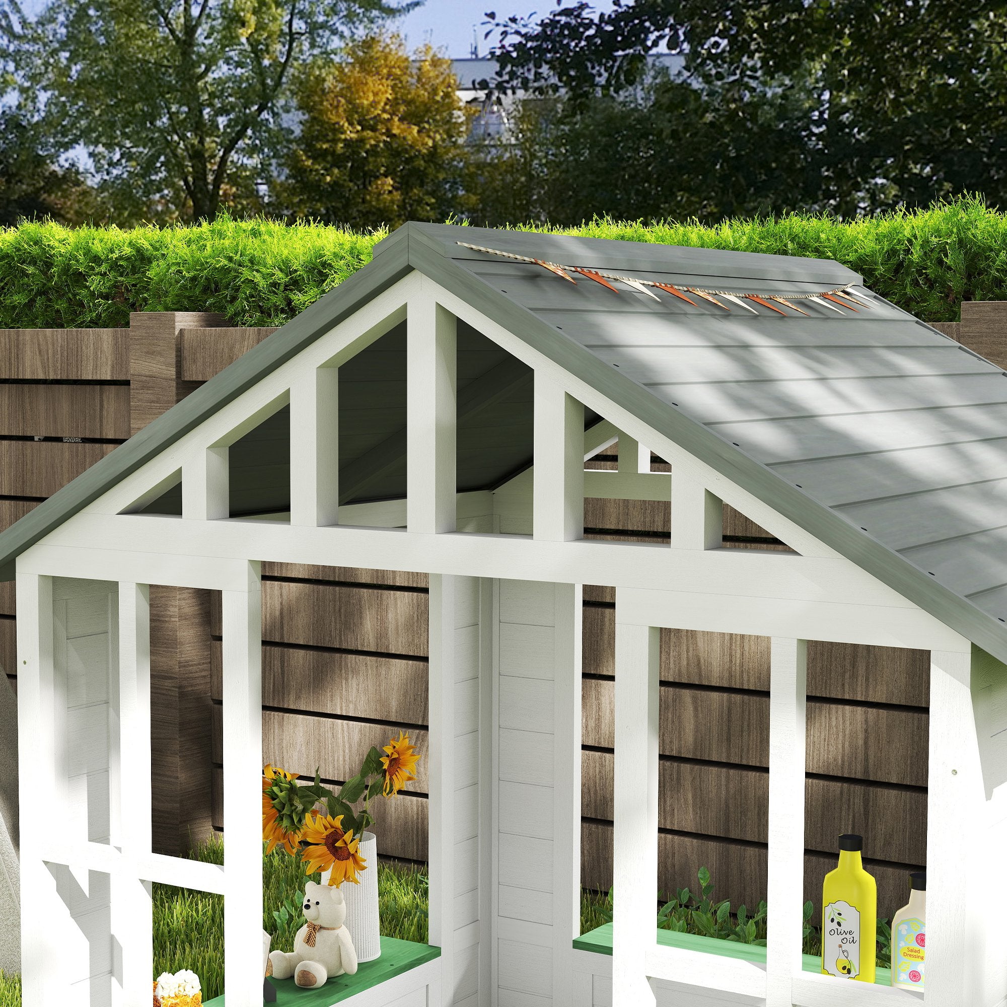 Kids Wooden Playhouse, Outdoor Garden Games Cottage with Flowers Pot Holder, Working Door, Windows, White
