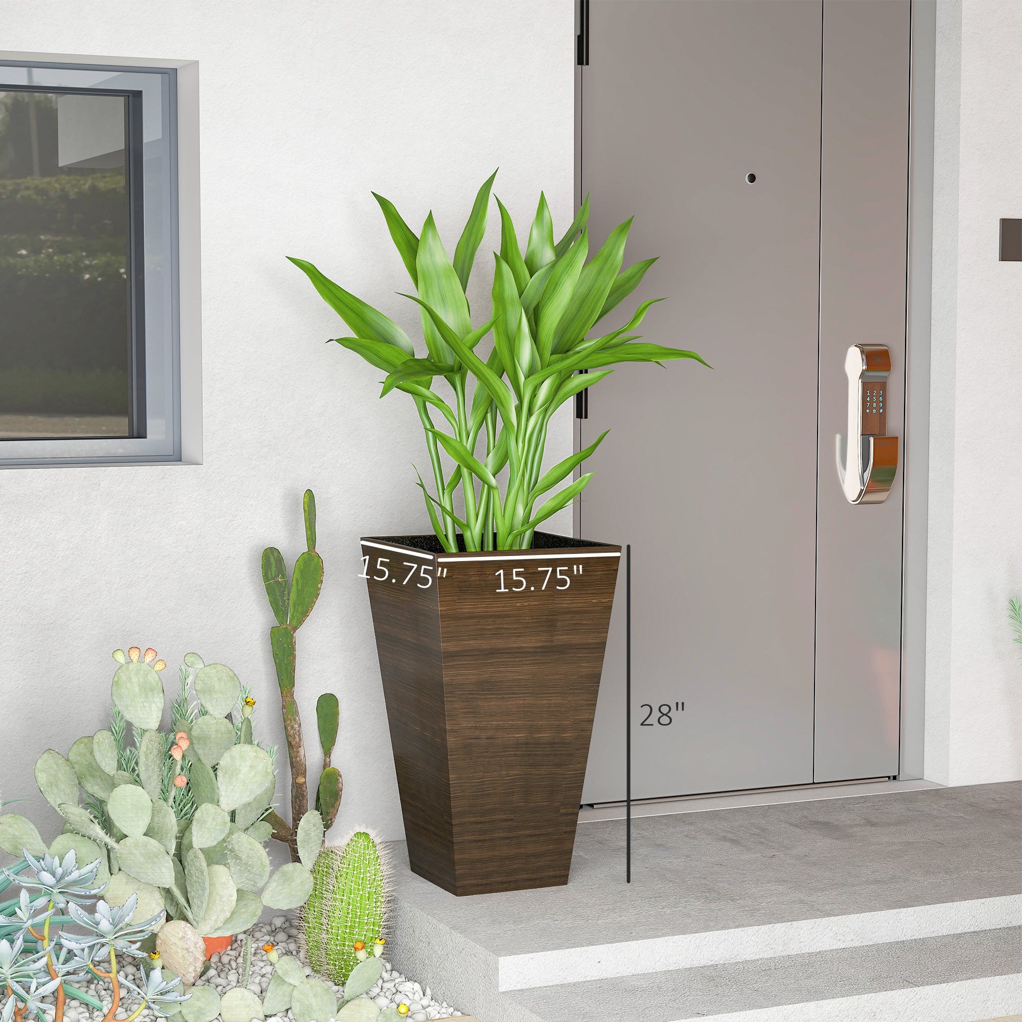 Set of 3 Tall Planters, 28" Outdoor Planter w/ Drainage Holes, Faux Wood Plastic Flower Pots, Brown - Brown - Image 3