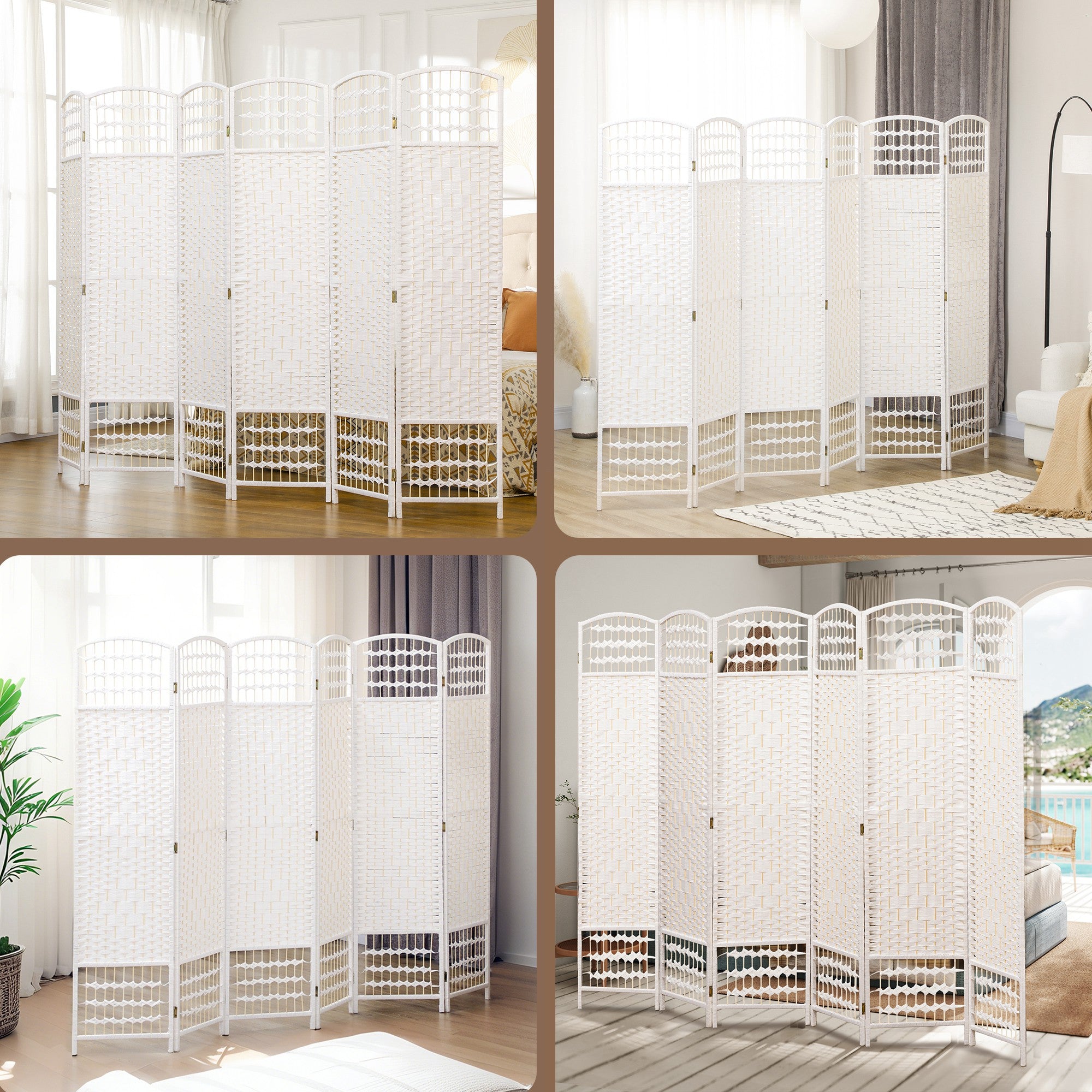 6 Panel Folding Room Divider Portable Privacy Screen Wave Fiber Room Partition for Home Office White