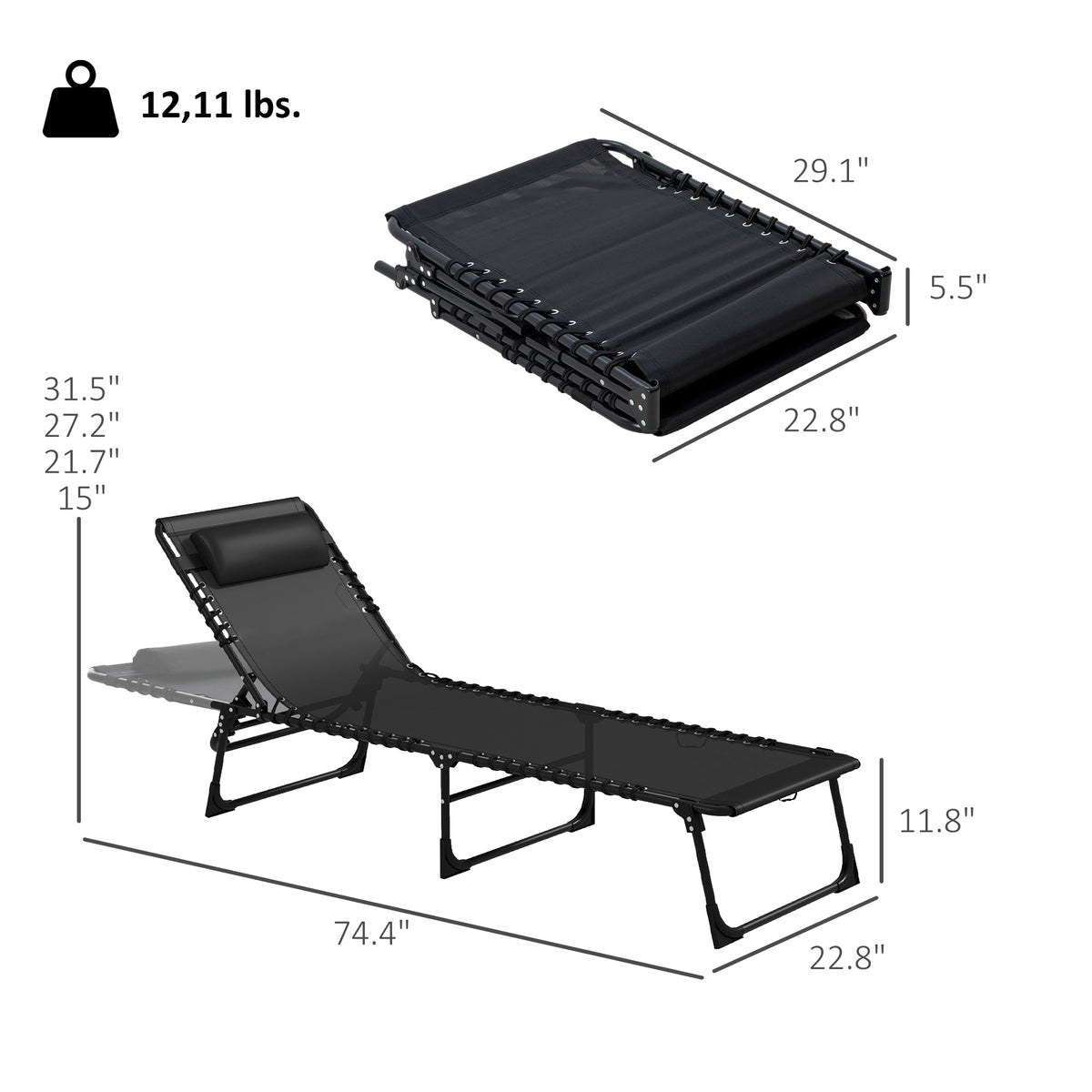2 Folding Chaise Lounge Pool Chairs with 4-Position Reclining Back, Pillow, Breathable Mesh & Bungee Seat, Black