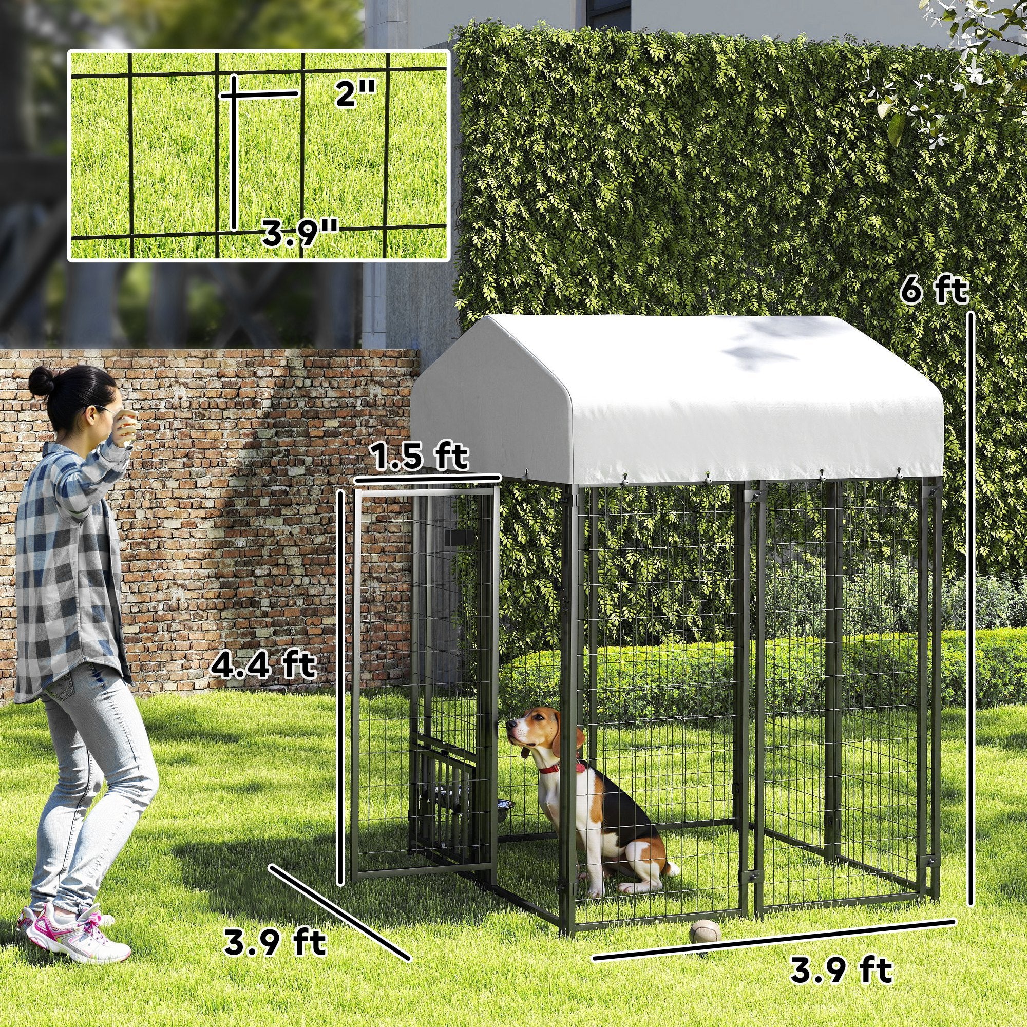 Welded Wire Outdoor Dog Kennel with 360° Rotating & 4 Levels Adjustable Bowls, Waterproof Cover, 3.9' x 3.9' x 6' - Silver - Image 3