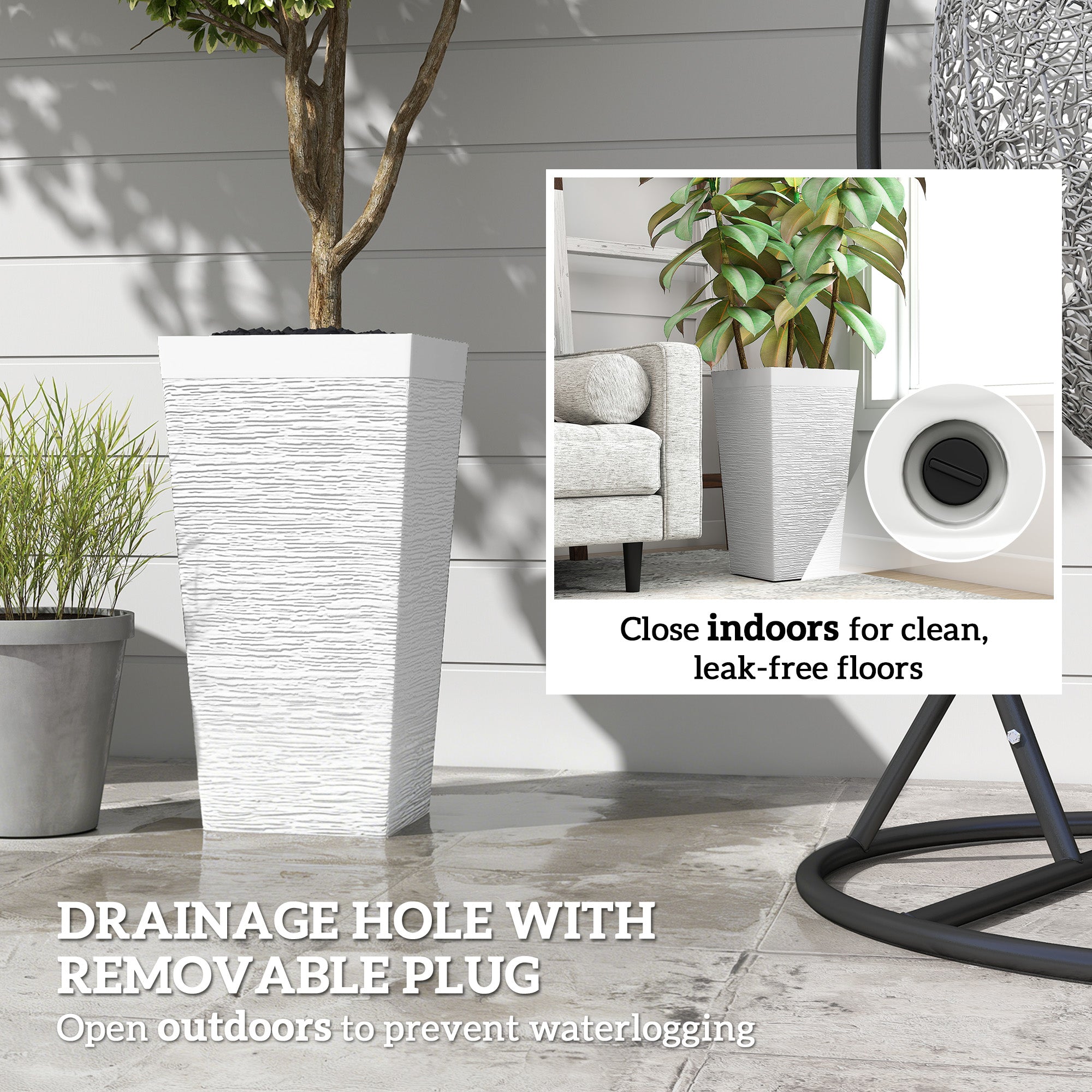 22.8 Inch Set of 3 Outdoor Planters with Stone Finish and Wheels, Stackable Tapered Planters with Drainage Hole, White - White - Image 8