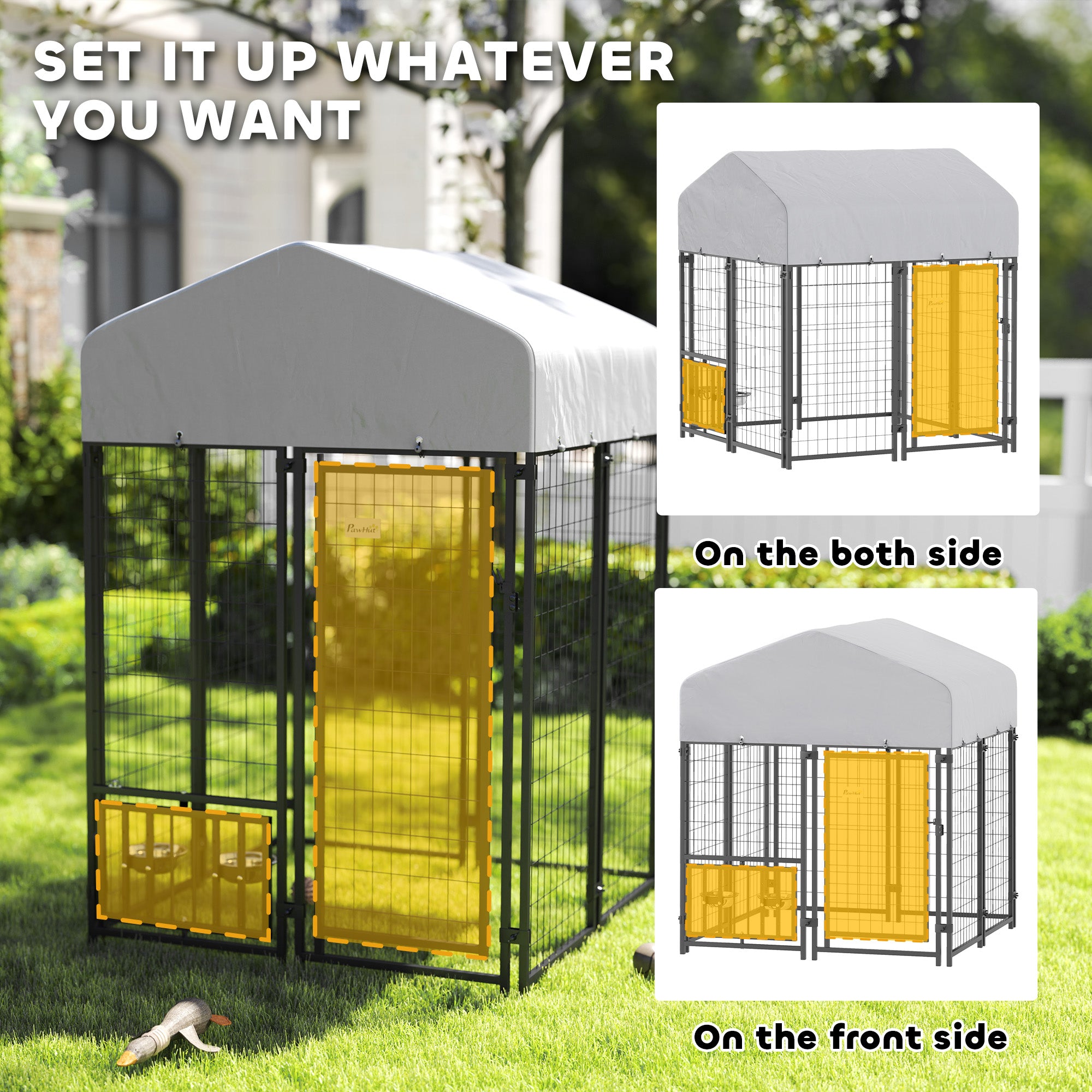 Welded Wire Outdoor Dog Kennel with 360° Rotating & 4 Levels Adjustable Bowls, Waterproof Cover, 3.9' x 3.9' x 4.5' - Silver - Image 7