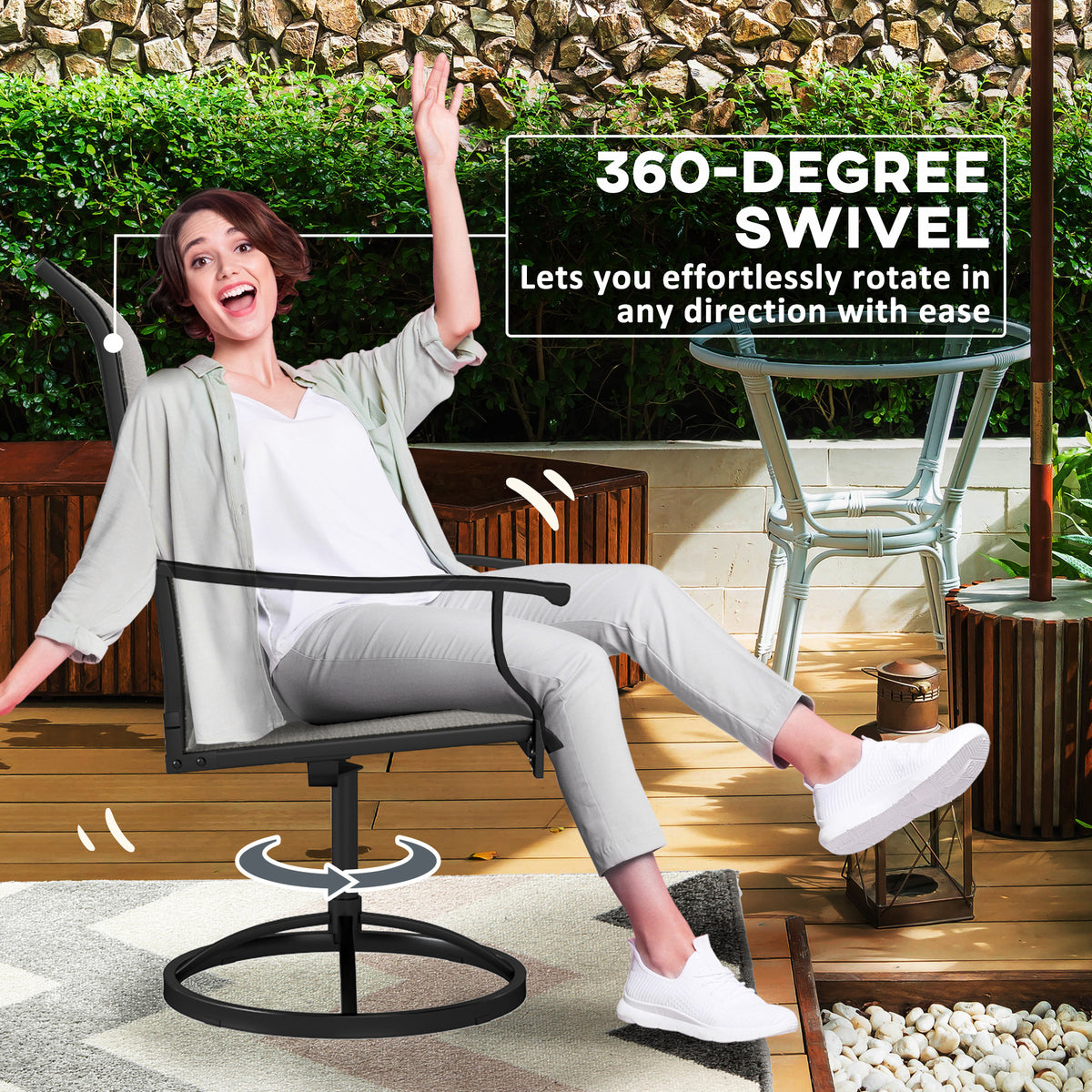 Patio Swivel Chairs Set of 2, High Back Patio Dining Chairs with All-Weather Mesh for Backyard, Lawn, Garden, Gray