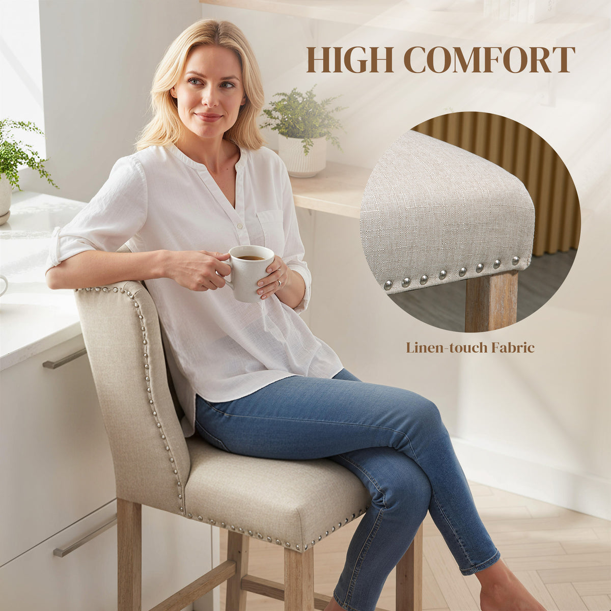 Counter Height Bar Stools Set of 2, 27" Seat Height Upholstered Barstools, Farmhouse Kitchen Island Stools with Nailhead-Trim, Tufted Back and Wooden Legs, Beige