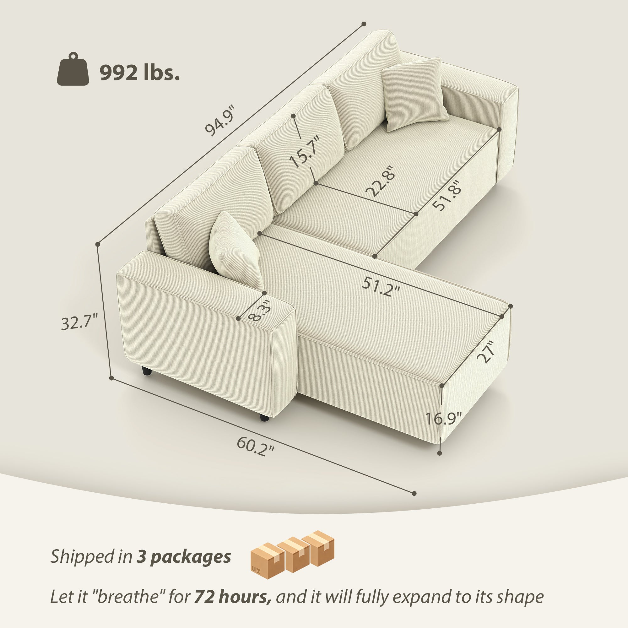 Corner Sofa with Reversible Chaise Lounge, Corduroy L-Shaped Sectional Sofa with Pocket Spring, Cream White