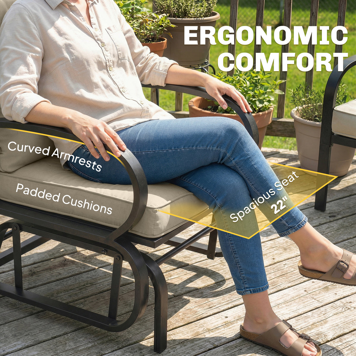 Patio Glider, Outdoor Glider Chair with Cushions, Steel Frame, Curved Armrests, Beige