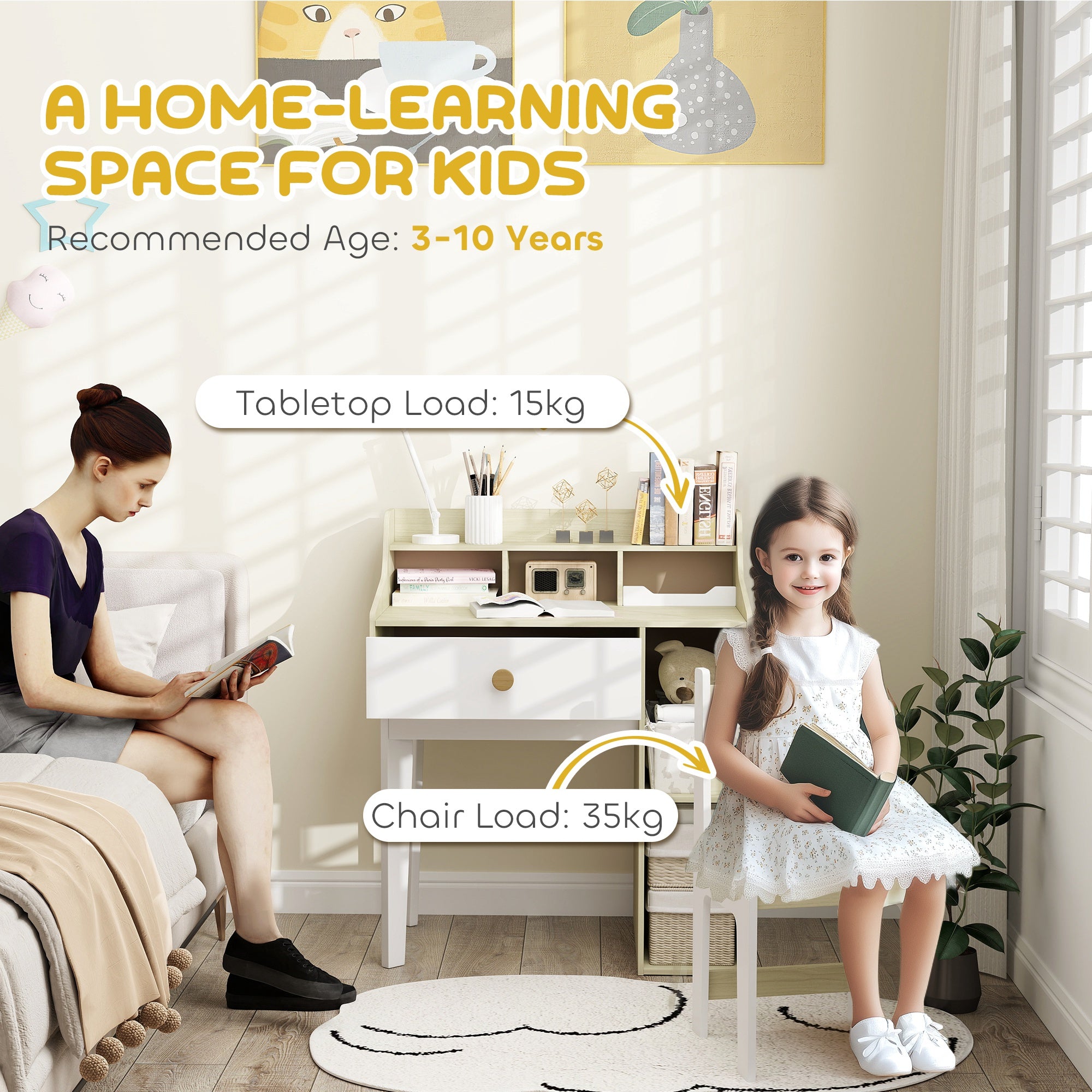 Kids Desk and Chair Set with Storage Shelves, Drawer for 3-10 Years, White