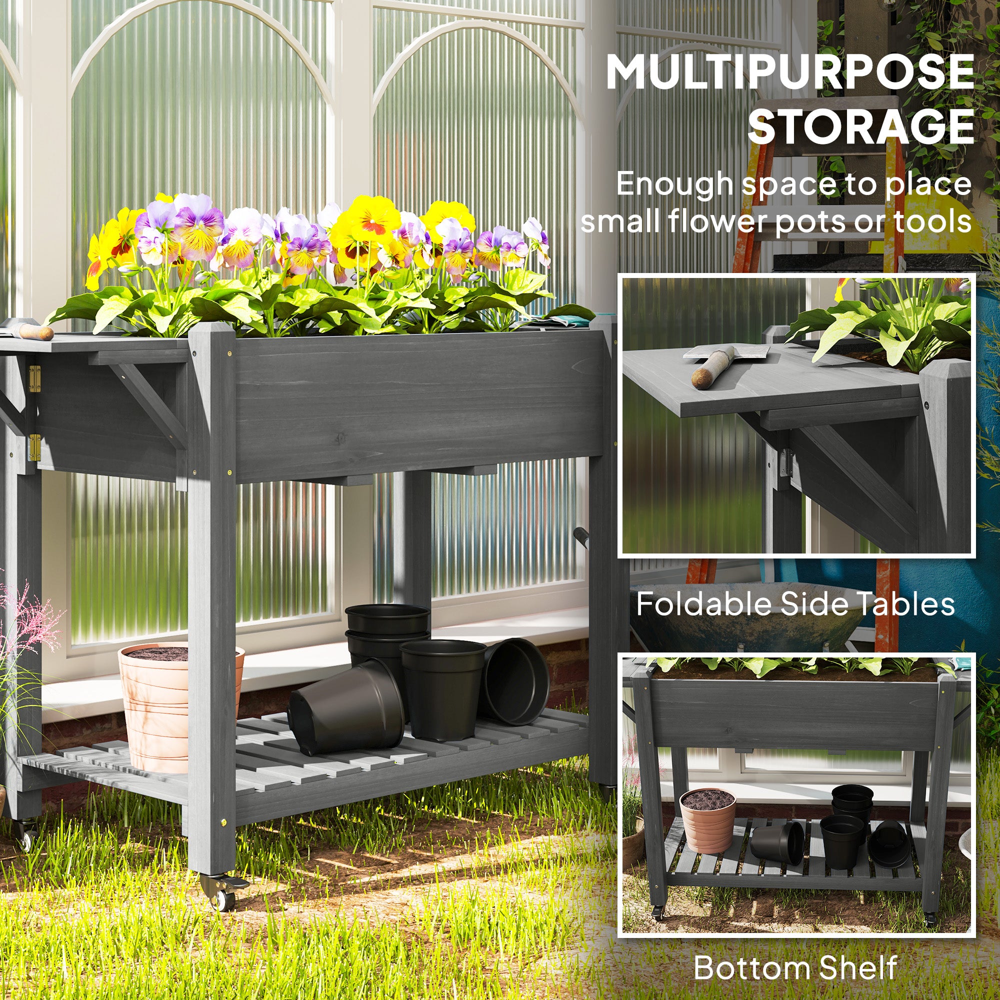 Wood Raised Planter Box, Elevated Garden Bed with Lockable Wheels, Side Tables, Bottom Shelf, Drain Holes, Gray - Gray - Image 4