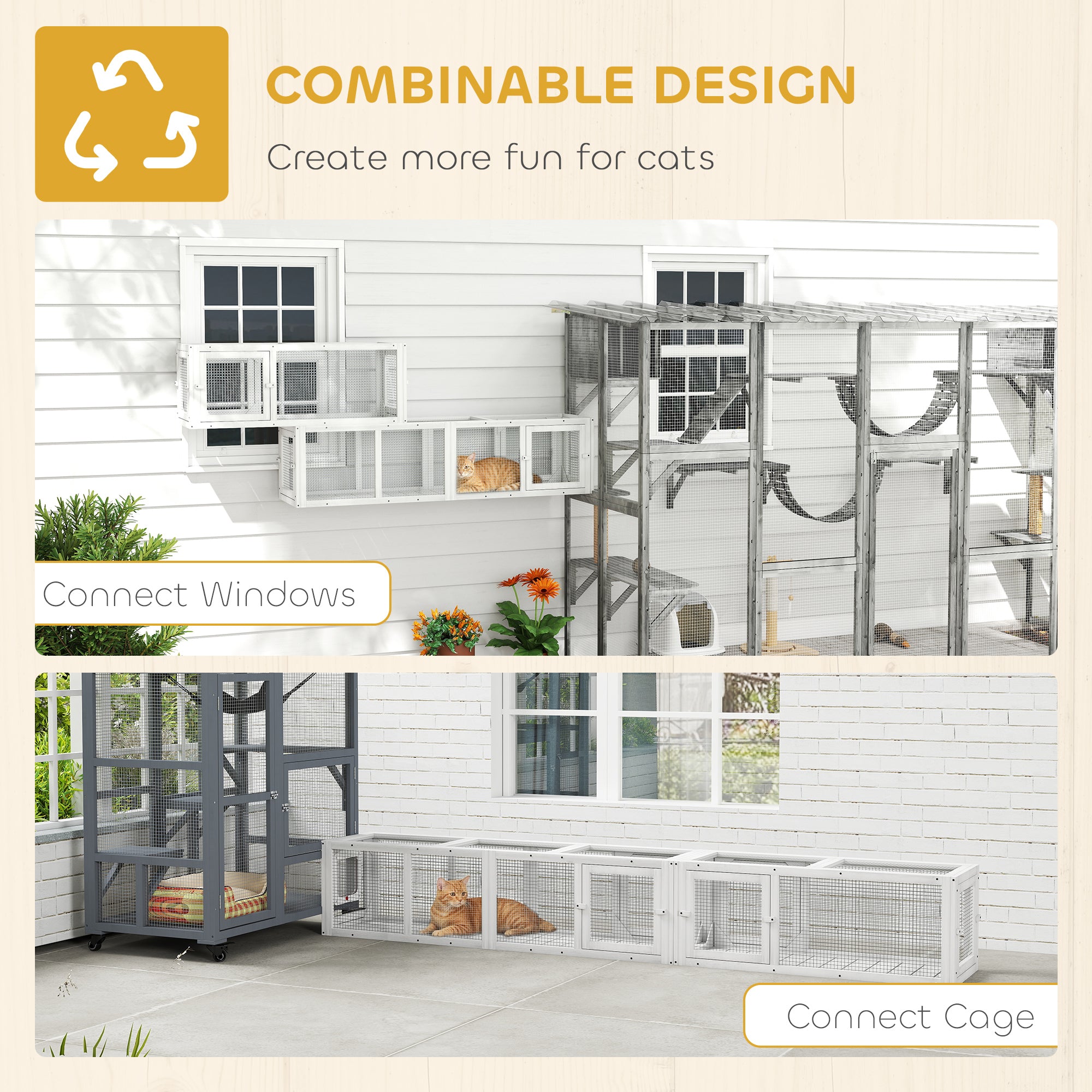 Wooden 98" Cat Tunnel for Outdoor with Combinable Design, 8 Doors, White - White - Image 4