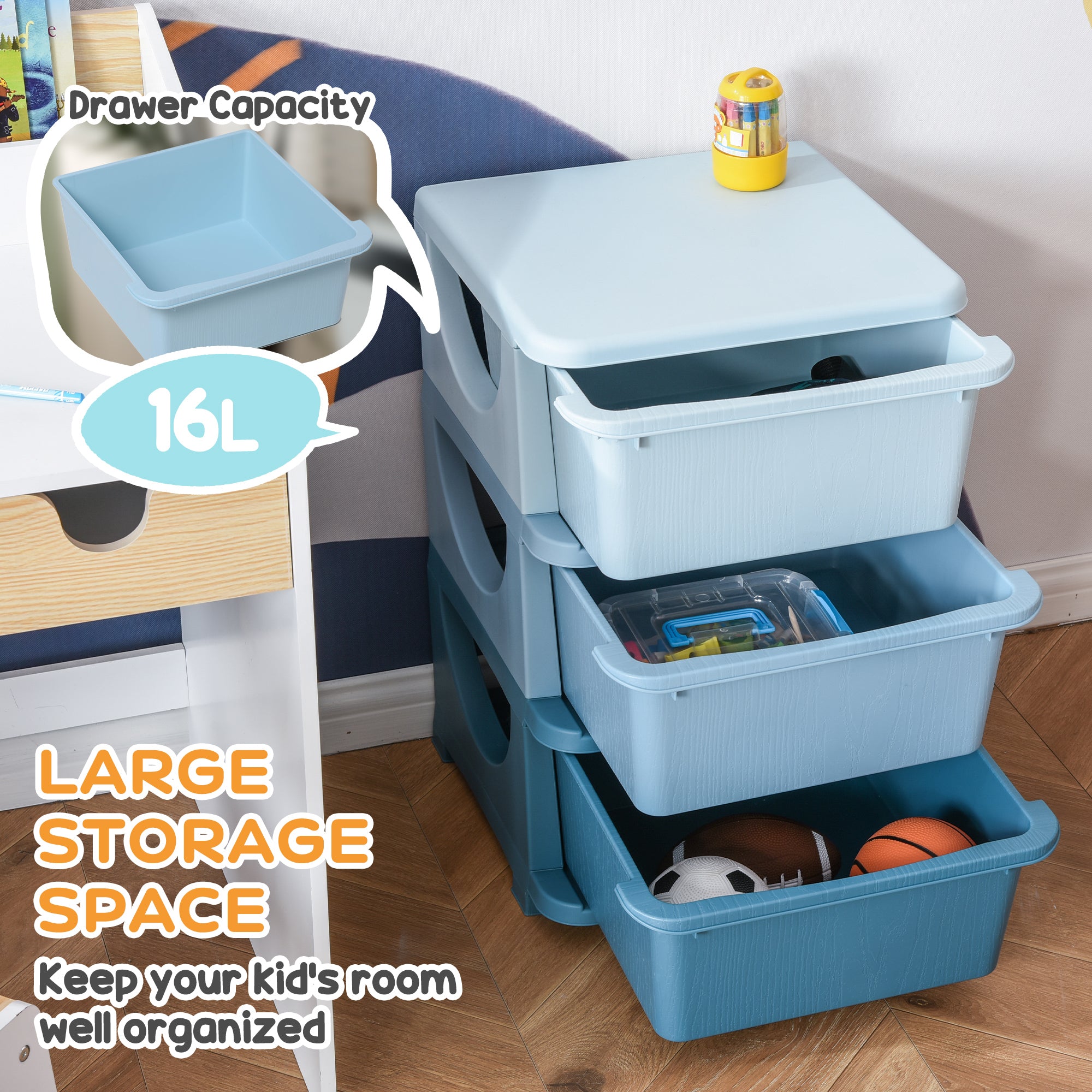 3 Tier Kids Storage Unit, Toy Organizers and Storage with 3 Drawer Chest for Kids Bedroom Nursery Kindergarten Living Room for Boys Girls Toddlers, Blue