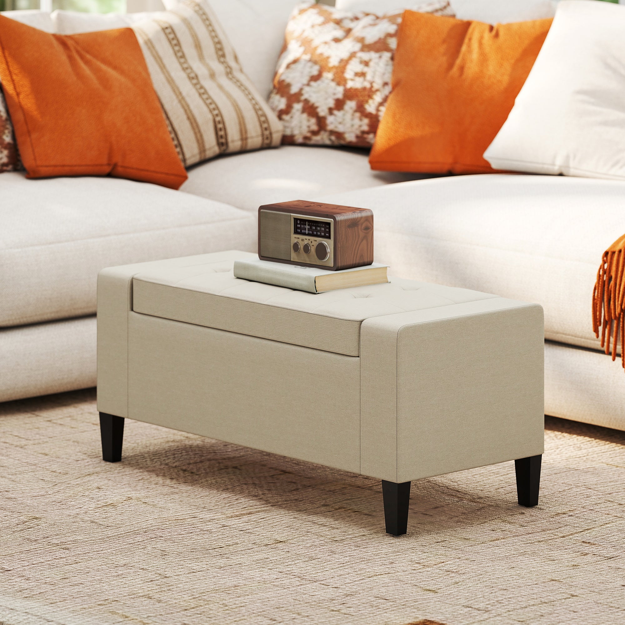 36" Ottoman with Storage, Storage Ottoman Bench with Lift Top and Rubberwood Legs, Linen Upholstered Entryway Seat with for Living Room, Bedroom, Holds up to 330 lb, Beige