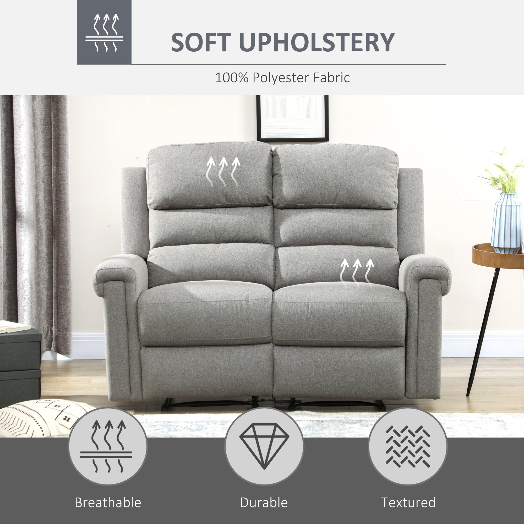 Fabric Reclining Sofa, 2 Seater Recliner Sofa with Manual Pull Tab, RV Couch, Home Seating, Gray