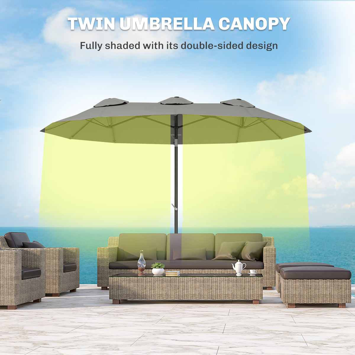 Double Sided Patio Umbrella, 9.7' Large Outdoor Market Umbrella with Push Button Tilt and Crank, 3 Air Vents and 12 Ribs, for Garden, Deck, Pool, Gray