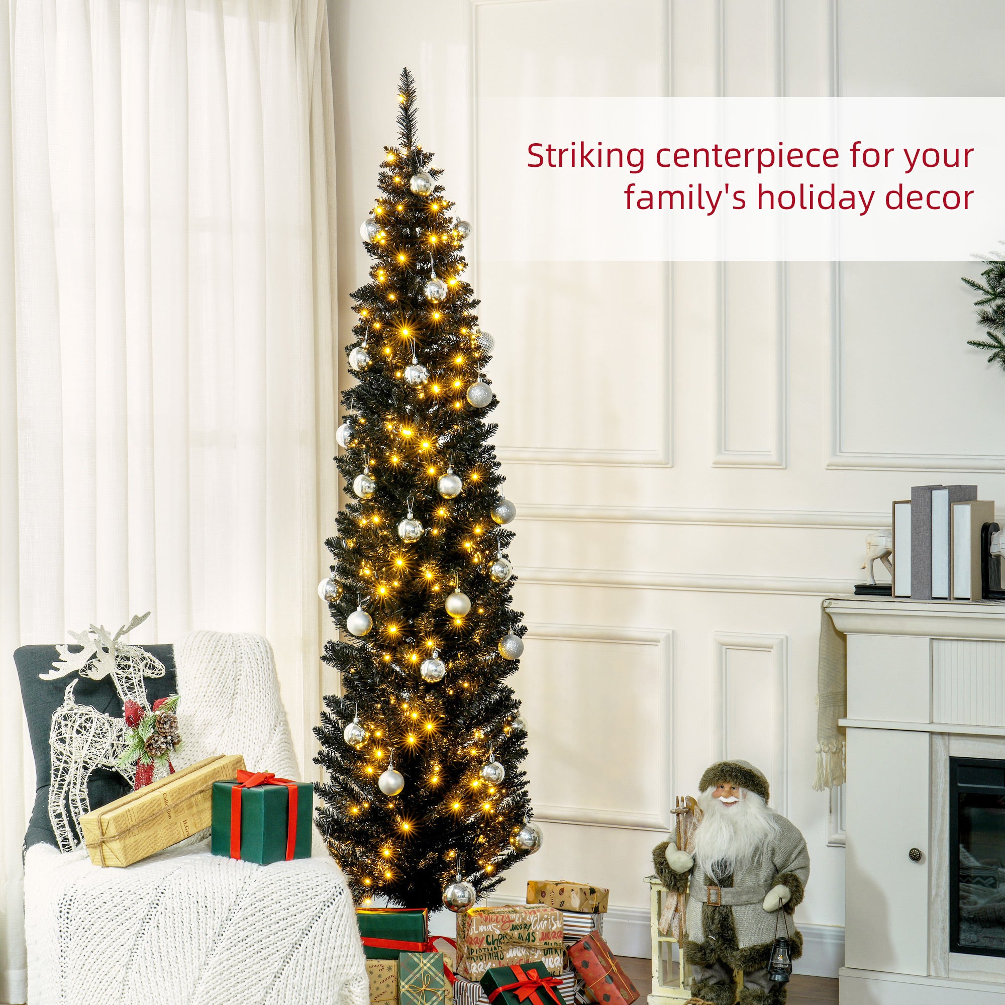 7ft Pencil Christmas Tree, Slim Artificial Christmas Tree with Realistic Branches and Warm White LED Lights, Black